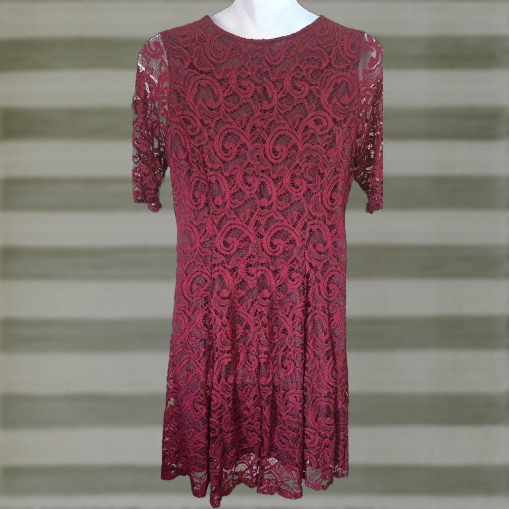 Vintage Olivia Mathews Burgundy Lace Lined Cocktail Dress A-Line Plus 2XL Boho Gothic Knee Length Women Size XXL / US 16-18 / IT 52-54 - 1 Thumbnail