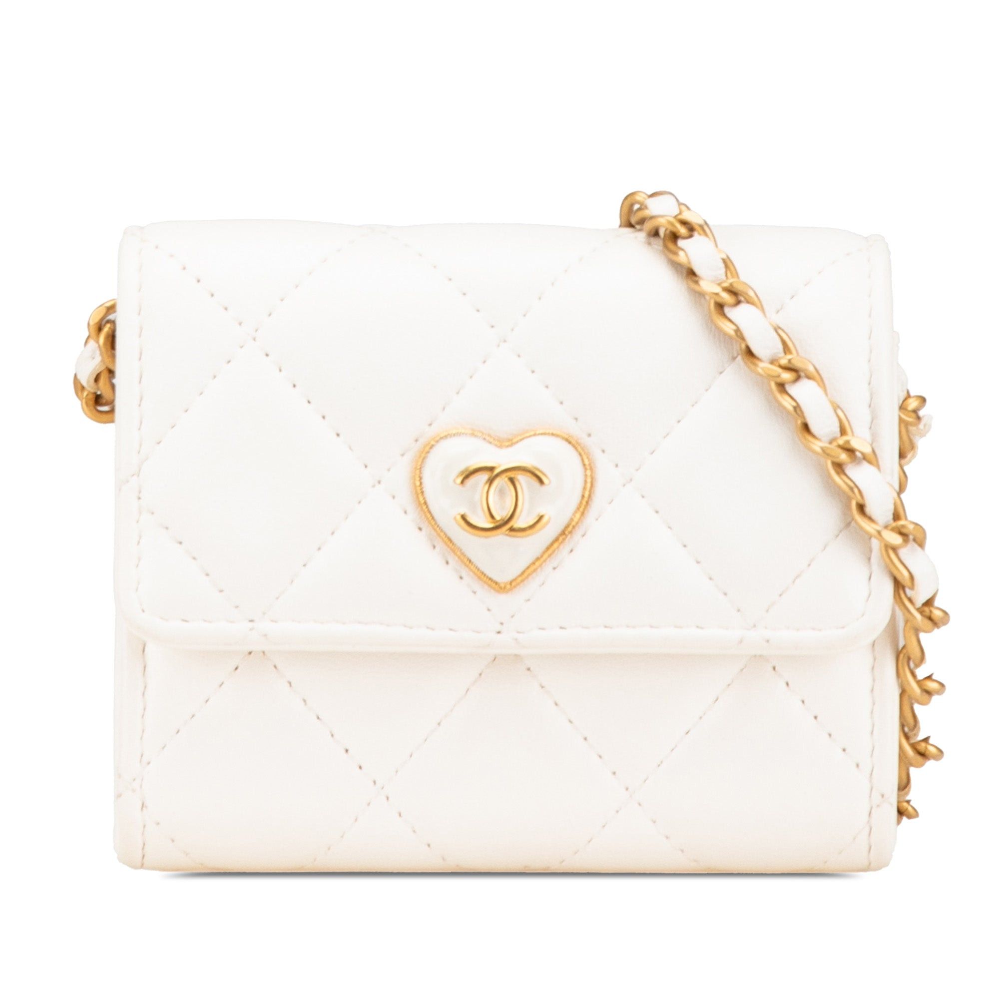 Chanel Quilted Lambskin Coco Love Card Holder On Chain White