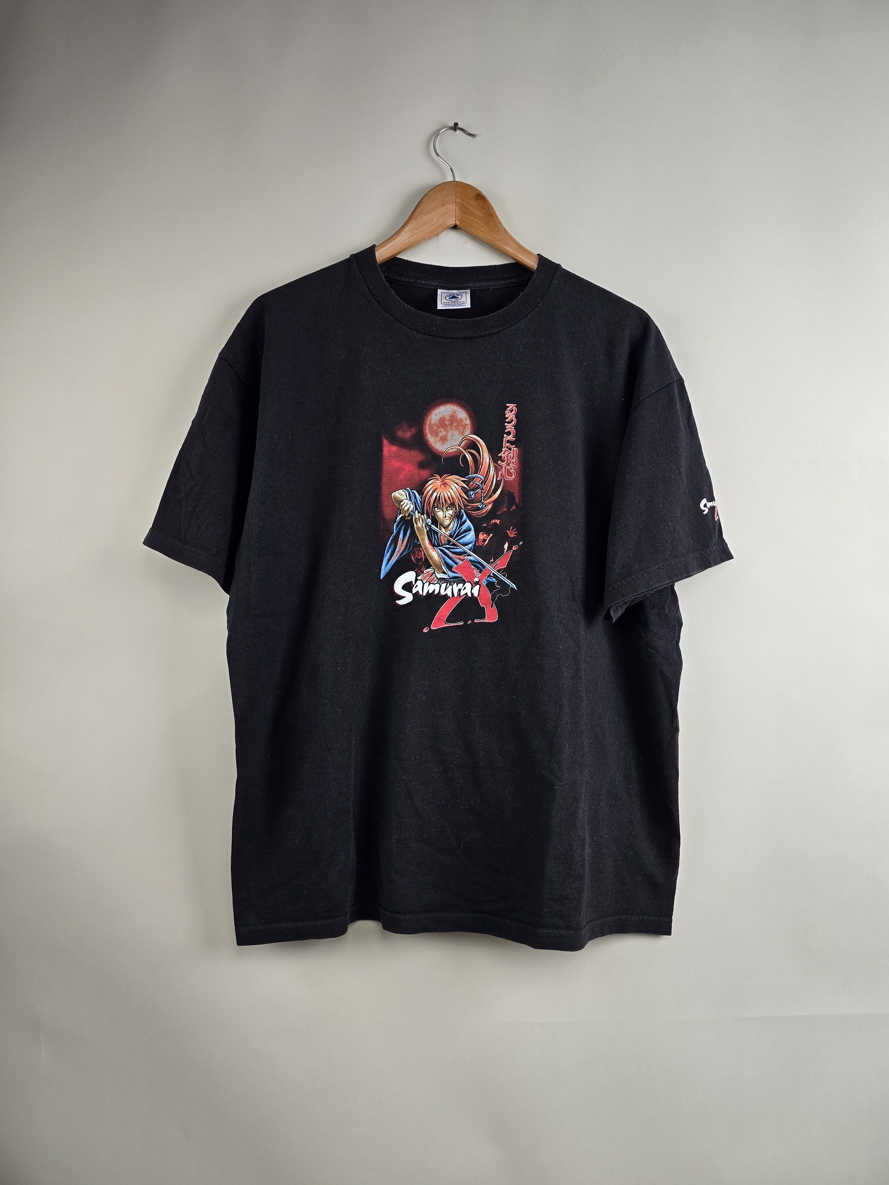 image of Anima x Band Tees 2001 Rurouni Kenshin Samurai X Anime Tee L 22" 28" in Black, Men's (Size Large)