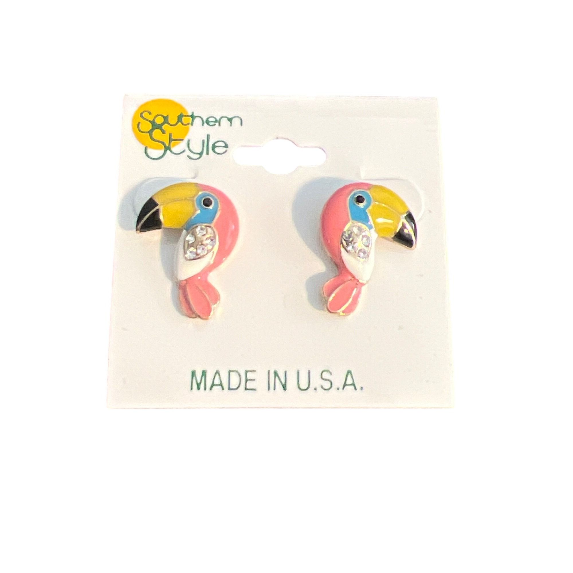 Other Southern Style Toucan Flamingo Earrings Gold Tone Enamel Rhi Size ONE SIZE - 1 Thumbnail