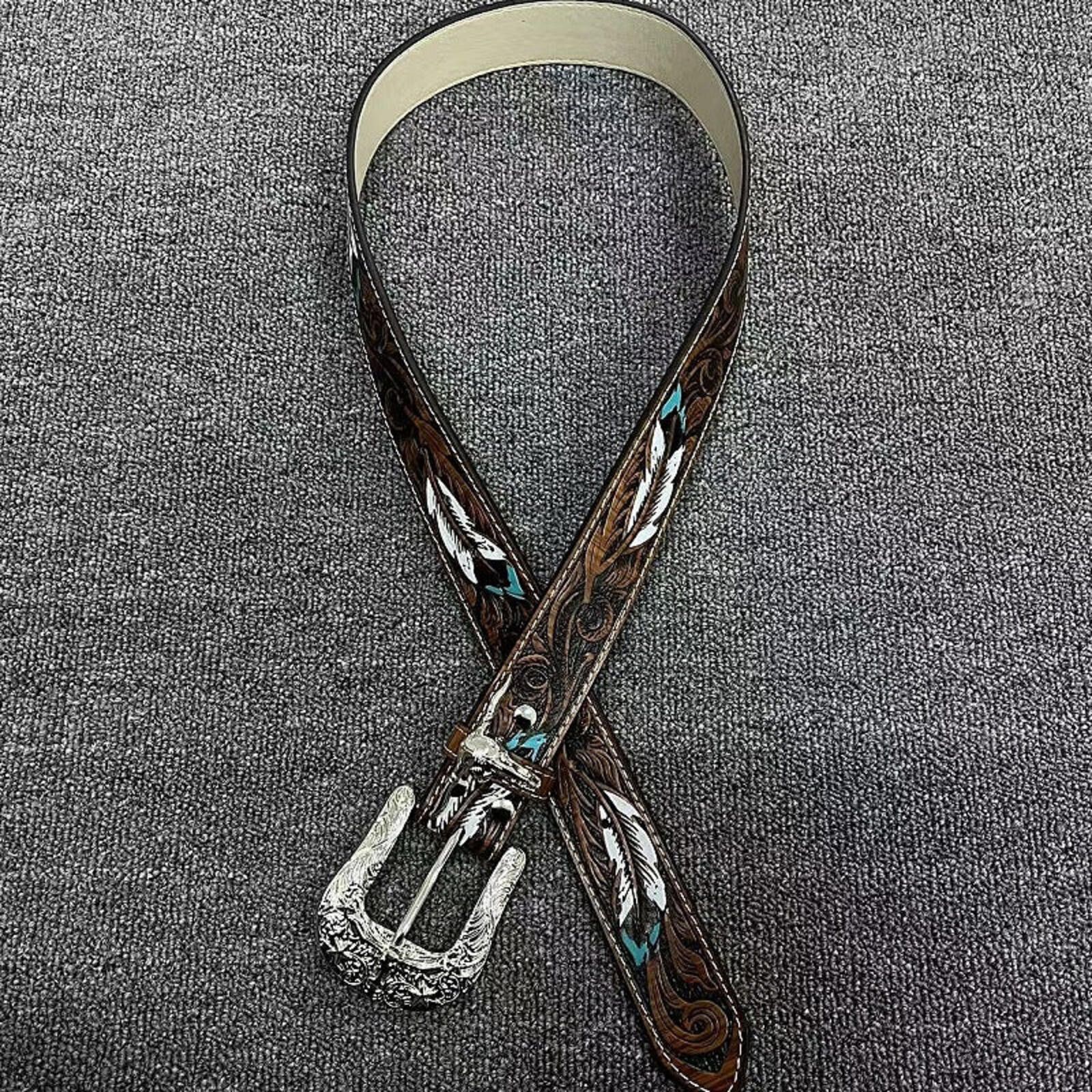 Other Western Embossed Feather Belt | Vintage Brown Cowboy Street Size ONE SIZE - 1 Thumbnail