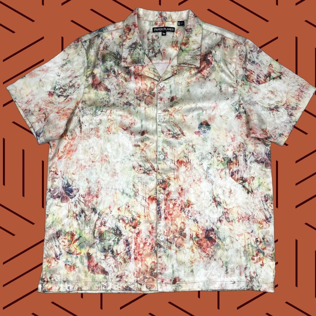 Vintage Paper Planes Wallpaper Shirt Mens XL White Floral Resort Clubbing Camp Button Up Size US XL / EU 56 / 4 - 1 Thumbnail