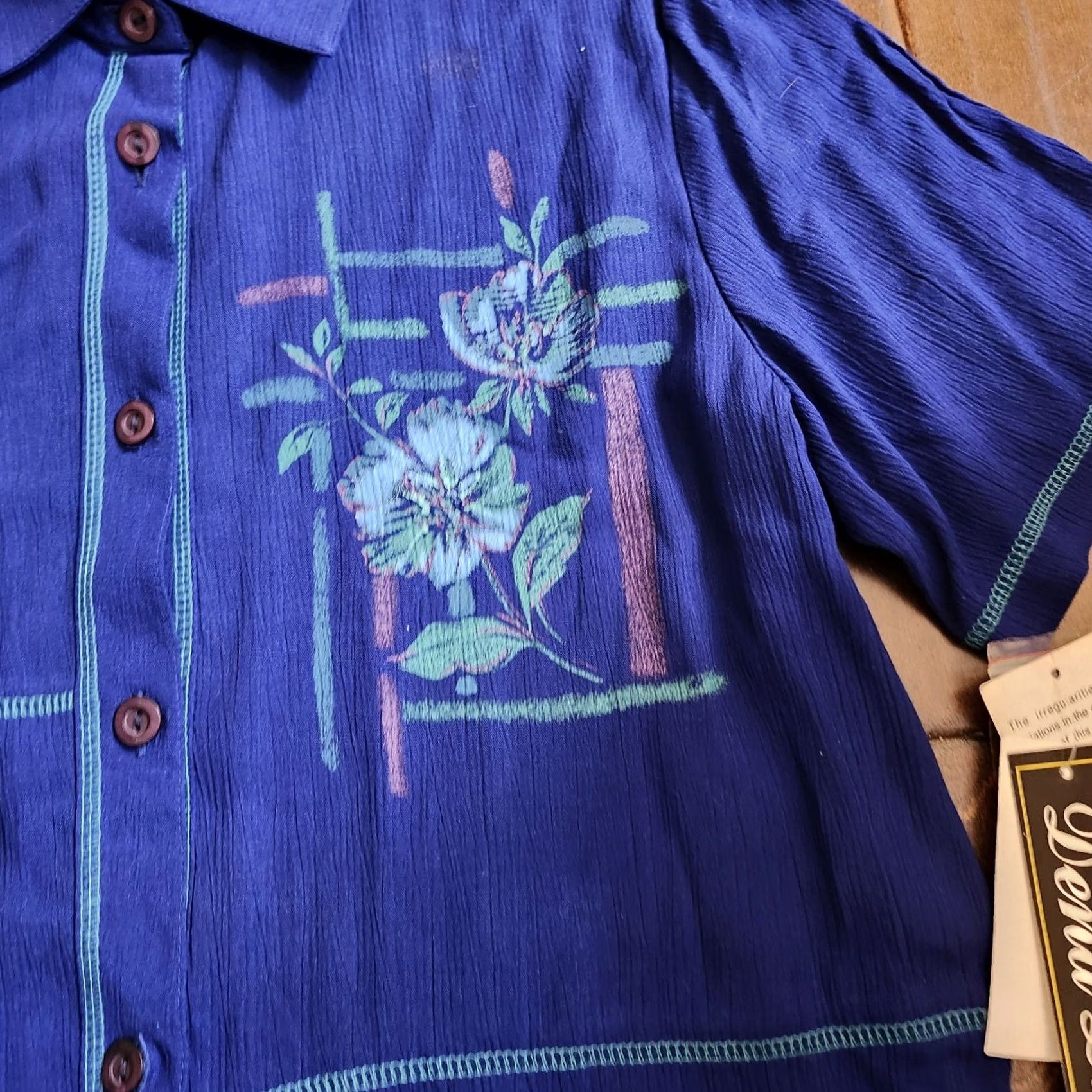 Vintage Dena Lauren Women's Blue Floral Button-Up Shirt - L - NWT Size L / US 10 / IT 46 - 4 Thumbnail