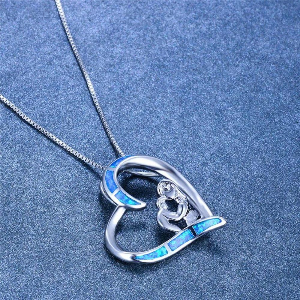 Designer Selfless Mom Love Baby Heart Pendant Blue Opal Necklace Size ONE SIZE - 2 Thumbnail