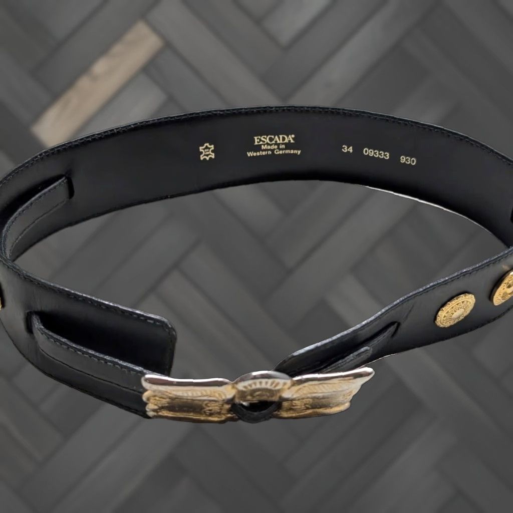 Escada VINTAGE Escada belt gray leather with brass buckle belt Germany XS belt width 2" Glam BLING Western 26 or less Womens XS Size ONE SIZE - 1 Thumbnail