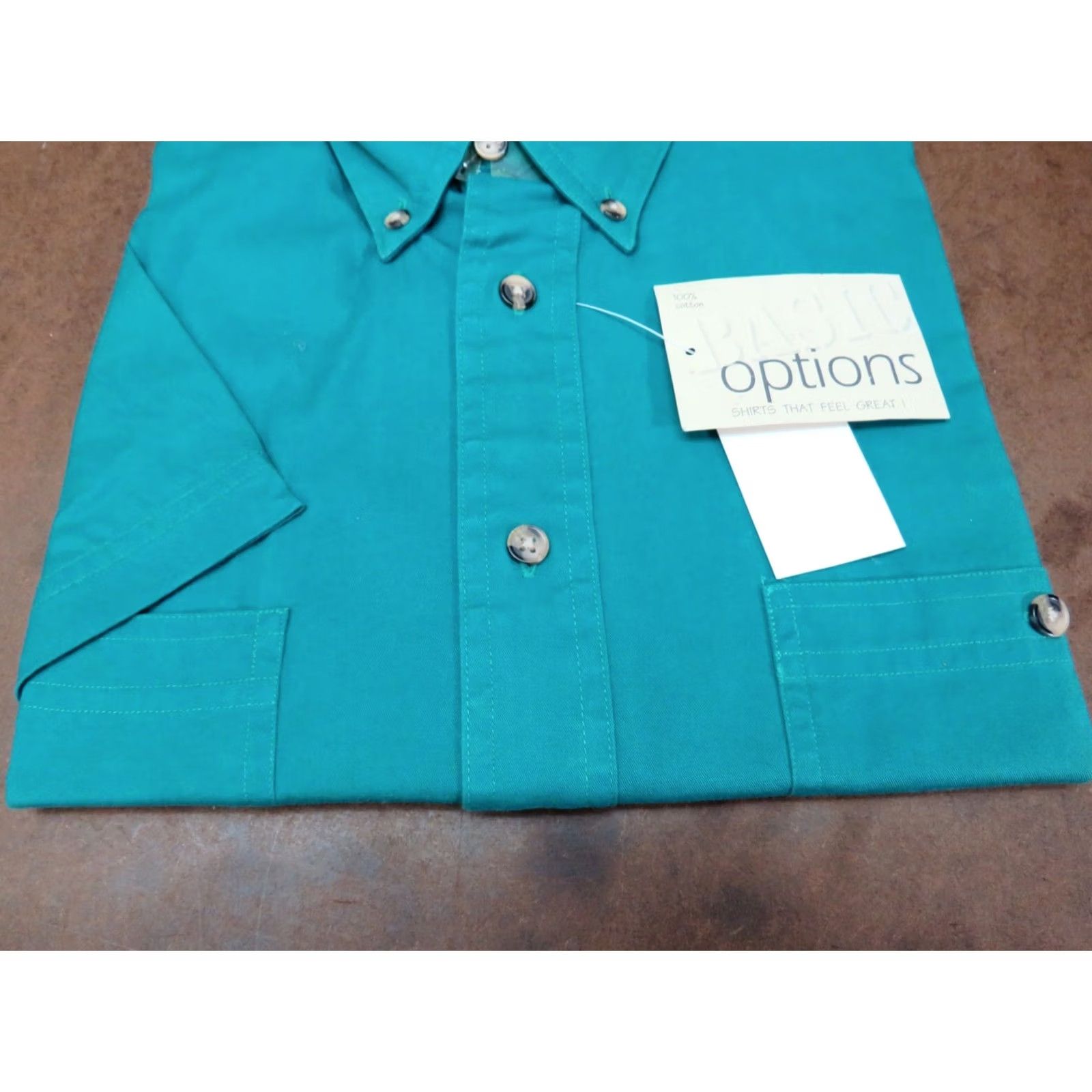 Vintage NOS Men's Basic Green L Dress Shirt Business Short Sleeve Cotton Blend Style Regular Size L Mens Dress Shirt Size 42R - 2 Thumbnail