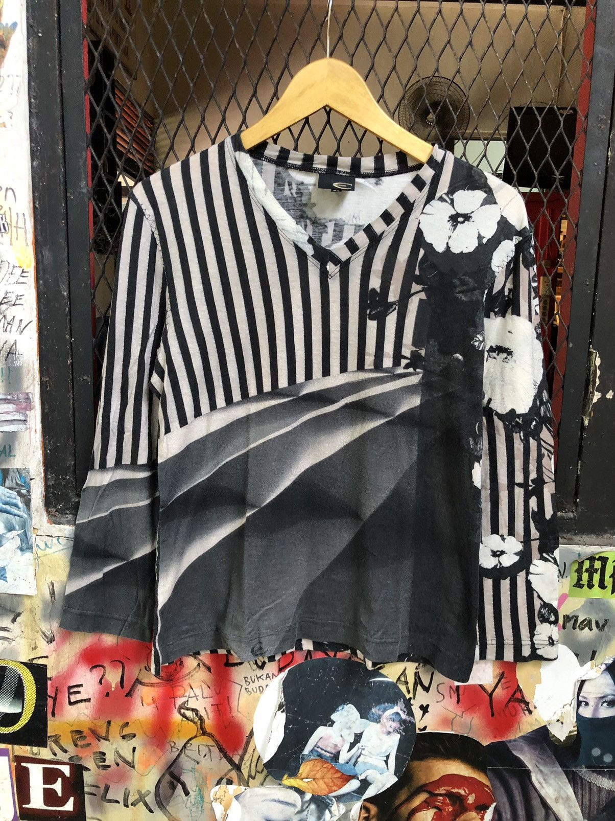 image of Vintage Just Cavalli Flower Print Long Sleeve in Black Stripe, Women's (Size XL)
