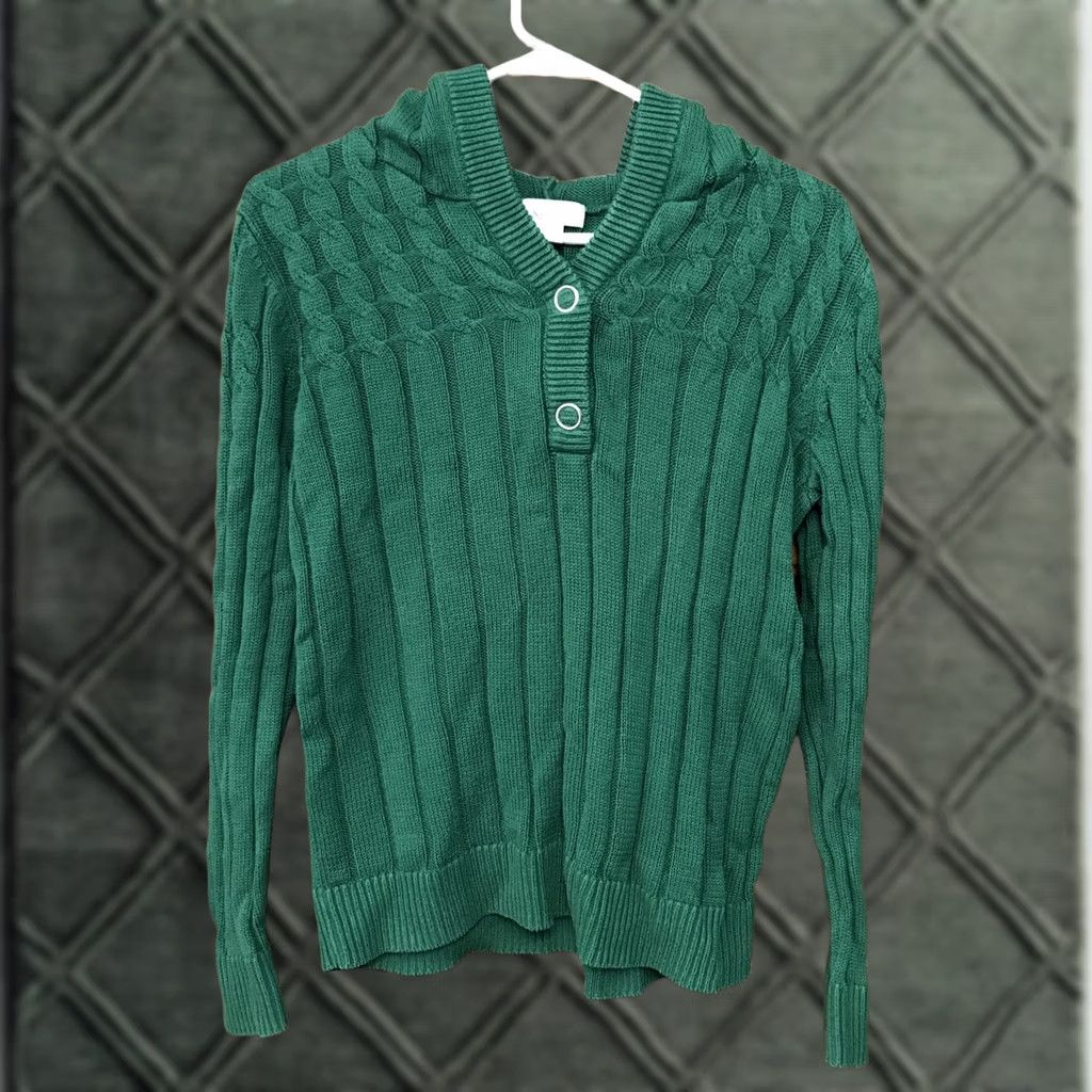 Vintage Christopher & Banks Womens Pullover Sweater Hooded Cable-Knit Green L Size L / US 10 / IT 46 - 1 Thumbnail