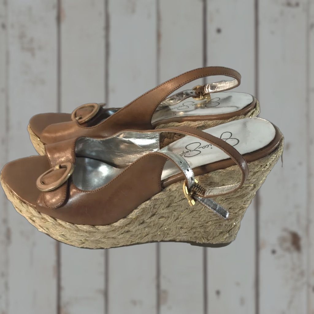 Jessica Simpson Jessica Simpson Gauma Brown Leather Slingback Wedge Slides Womens Size 10B 5in Ultra High Size US 10 / IT 40 - 1 Thumbnail