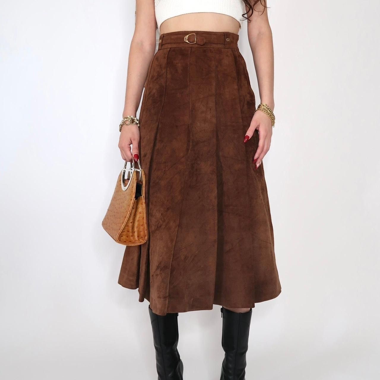 Gucci Vintage 80s Gucci Leather Skirt Brown Gold Pleated Skirt Grailed