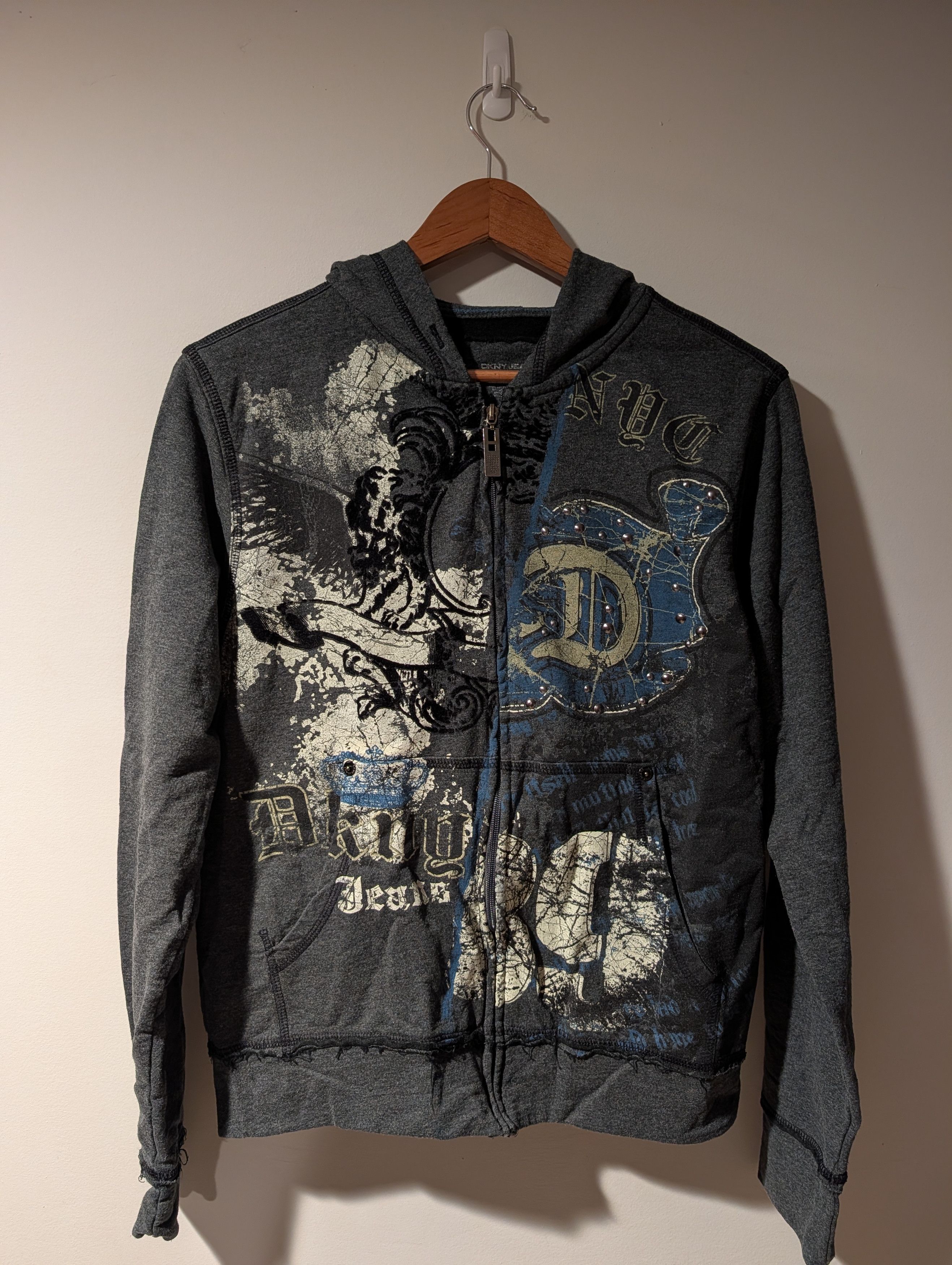 Y2K DKNY Jeans Cyber Grunge Graphic Zip Up Hoodie Distressed