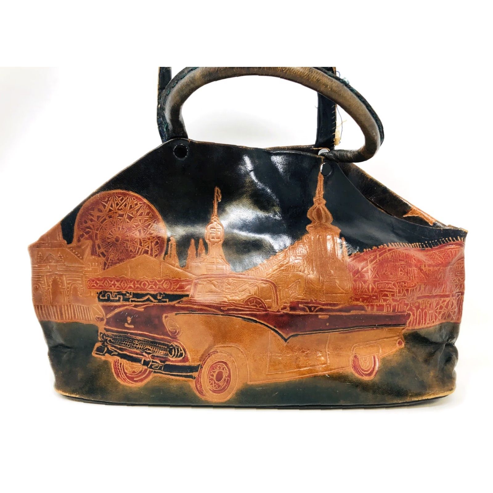 Ford VINTAGE Handmade Embossed Tooled 1953 Ford Scene India Art Leather Bag J21 Size ONE SIZE - 2 Thumbnail