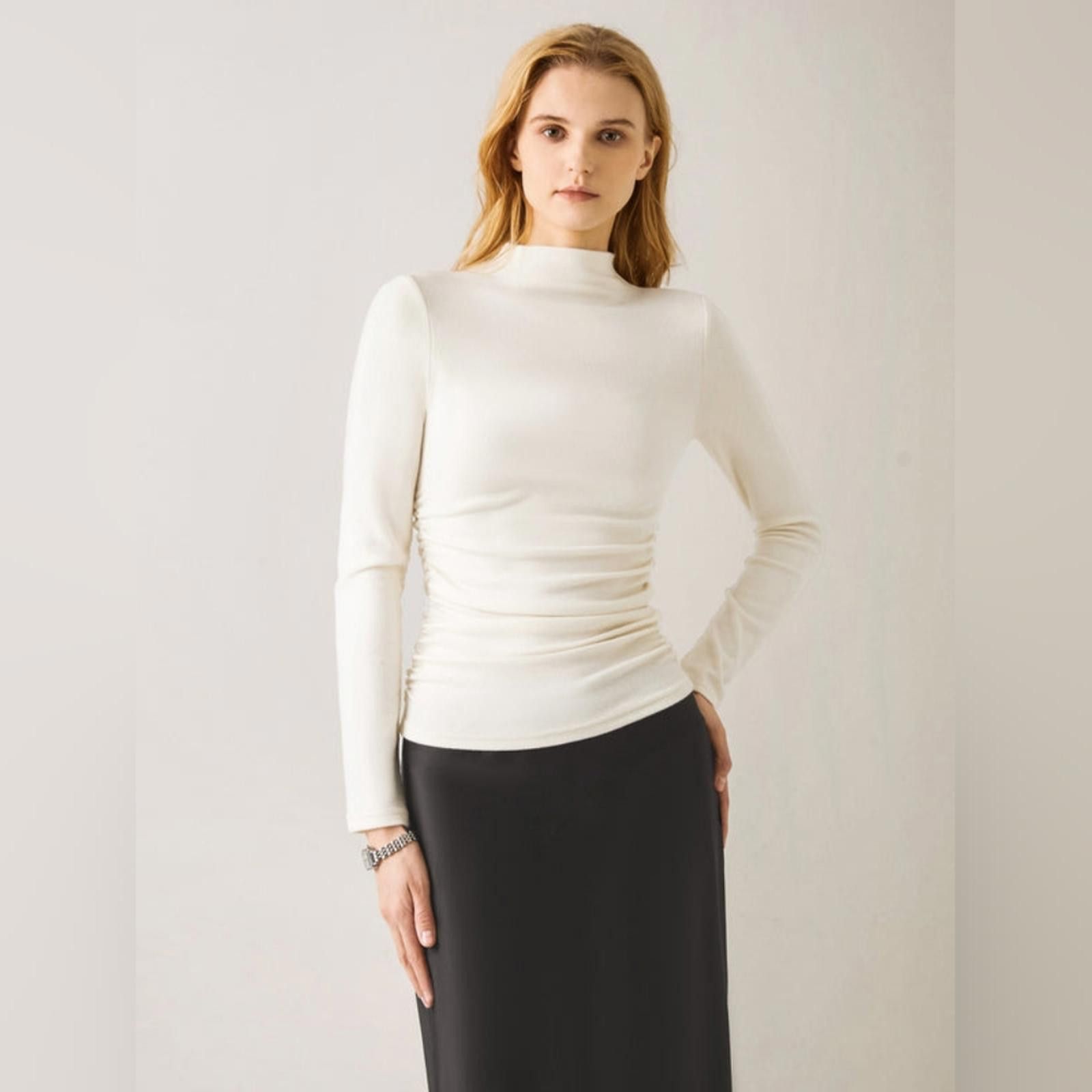 Designer Mid Thermal Ruched Sides Tuckable Mockneck Top - Off White Size M / US 6-8 / IT 42-44 - 6 Thumbnail