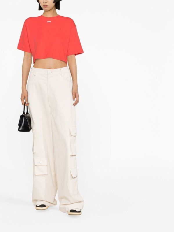 Off-White o1mle0425 Logo Print Cropped T-Shirt in Red Size M / US 6-8 / IT 42-44 - 2 Thumbnail