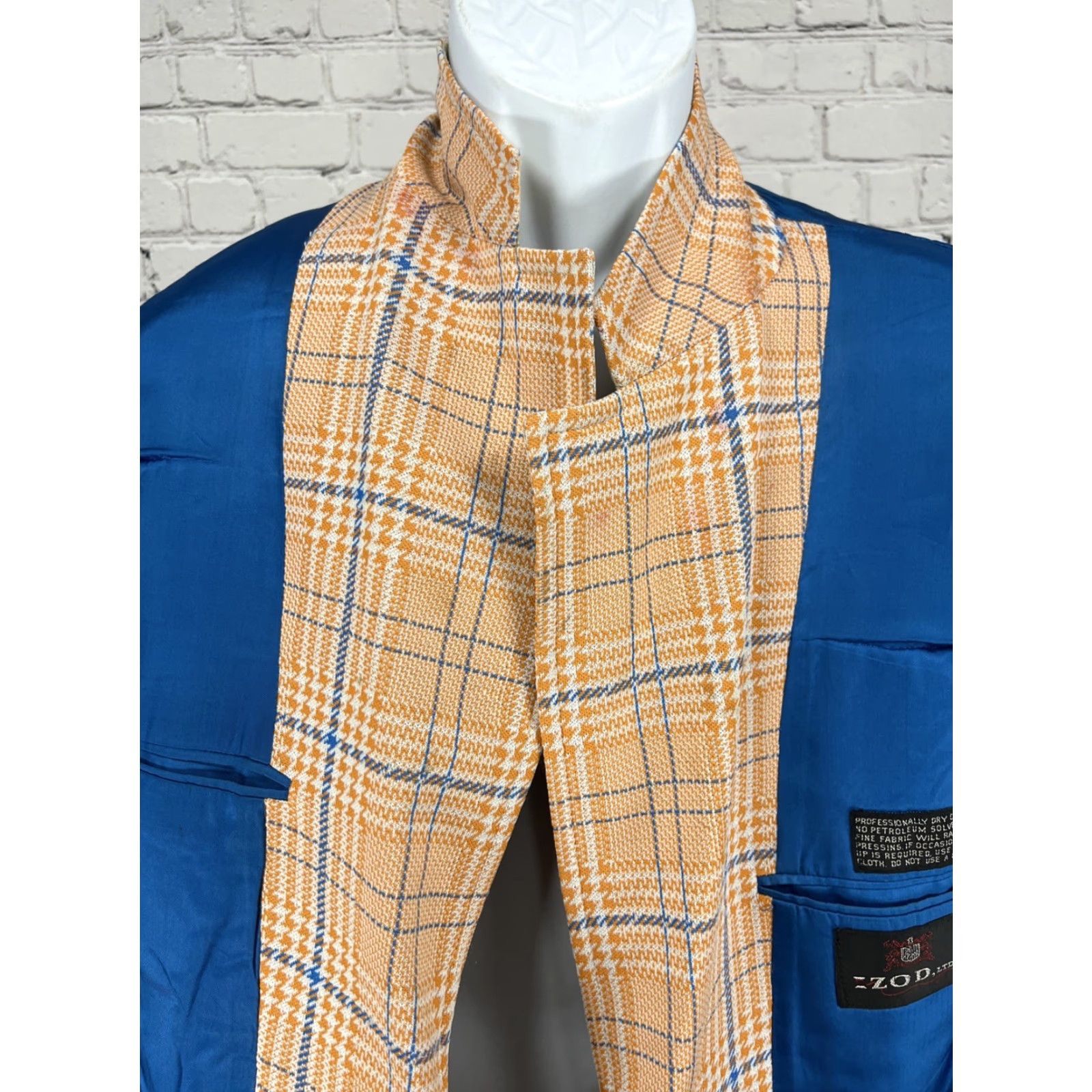 Izod VTG Izod Blue Orange Houndstooth Single-Vented Notch 70s Blazer Sport Coat 40 Mens Regular Chest 42"} Size 40R - 6 Thumbnail