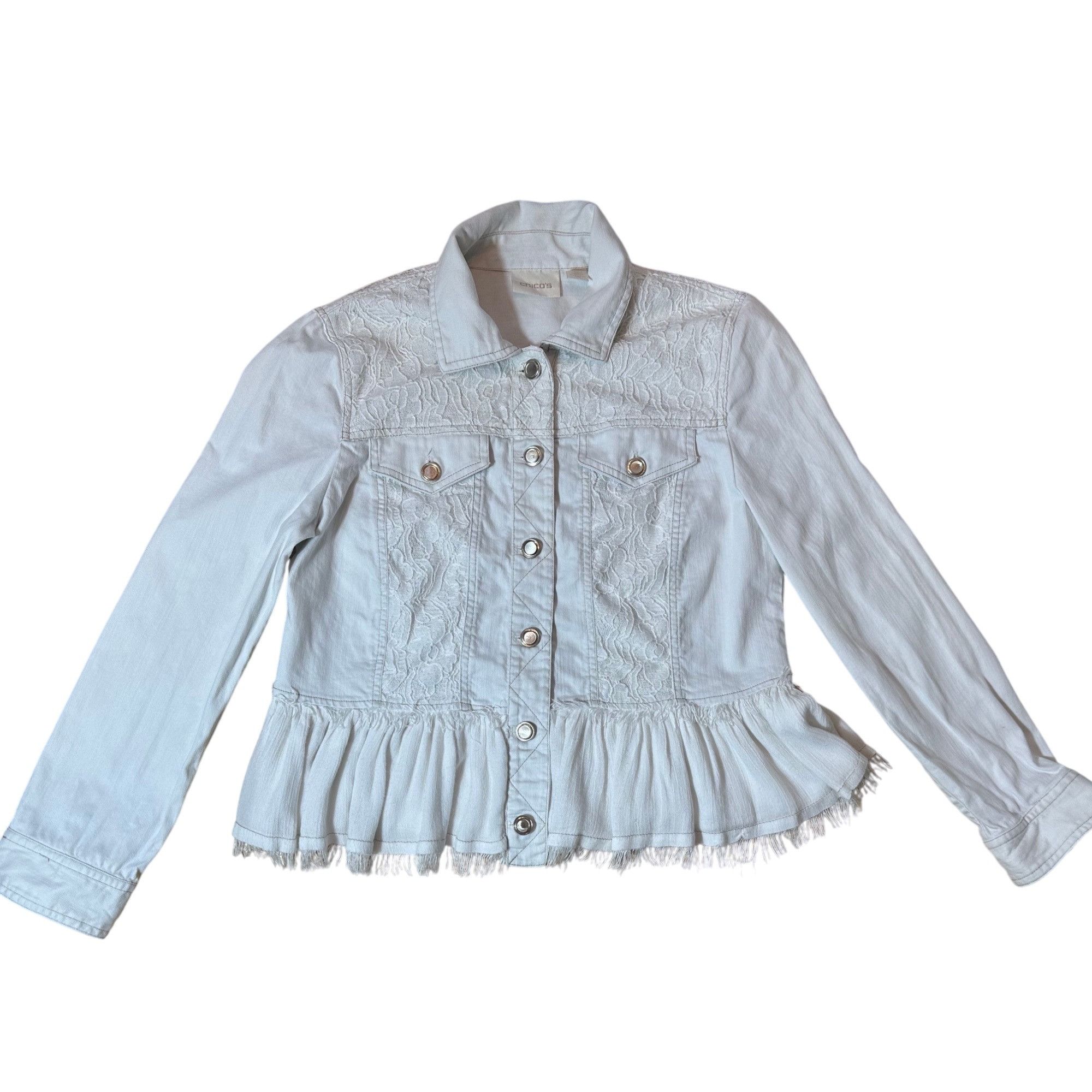 Chicos Chico’s White Lace Ruffled Button Up Jean Jacket Size 1 - Sm Size S / US 4 / IT 40 - 3 Thumbnail