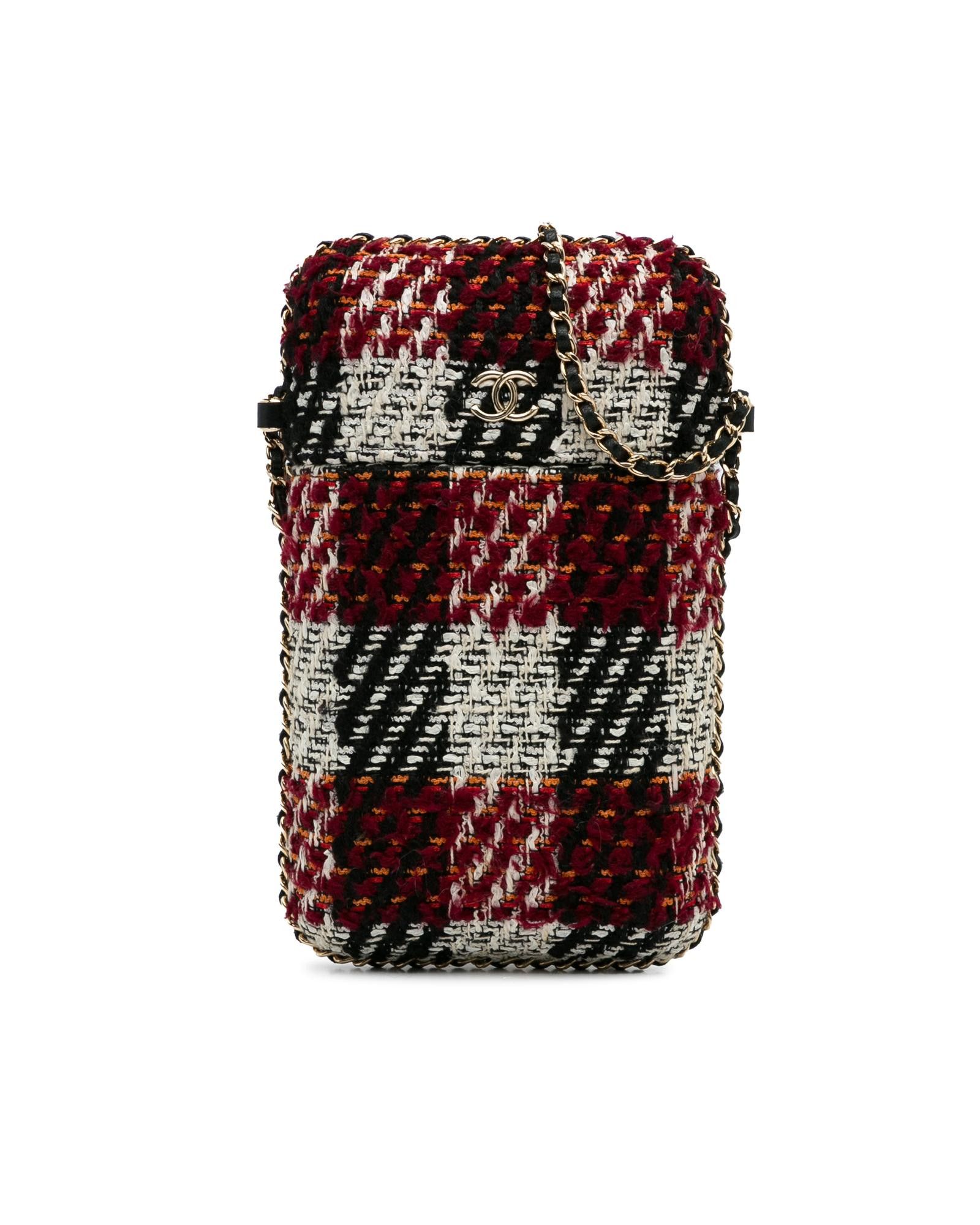 image of Chanel Chain Strap Tweed Phone Holder in Red, Women's