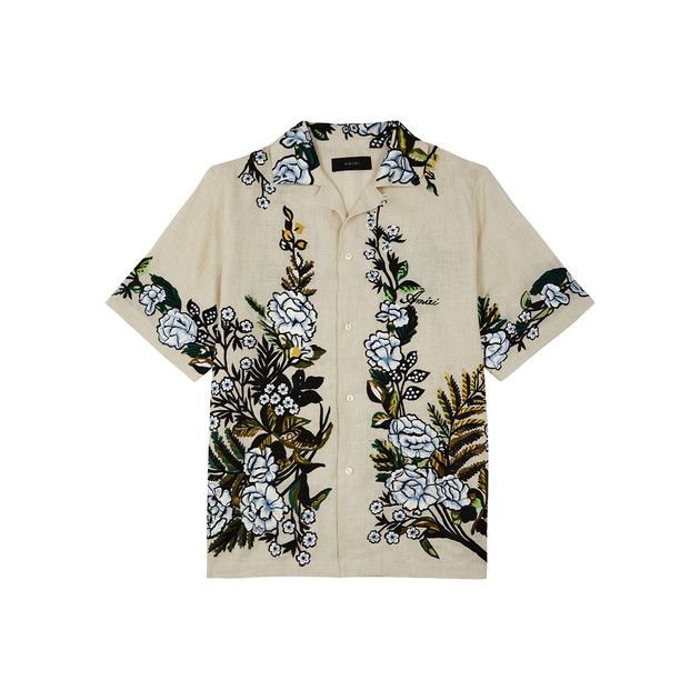 image of Amiri 2.2K Value Off-White Linen Floral Embroidered Shirt in Cream, Men's (Size Small)