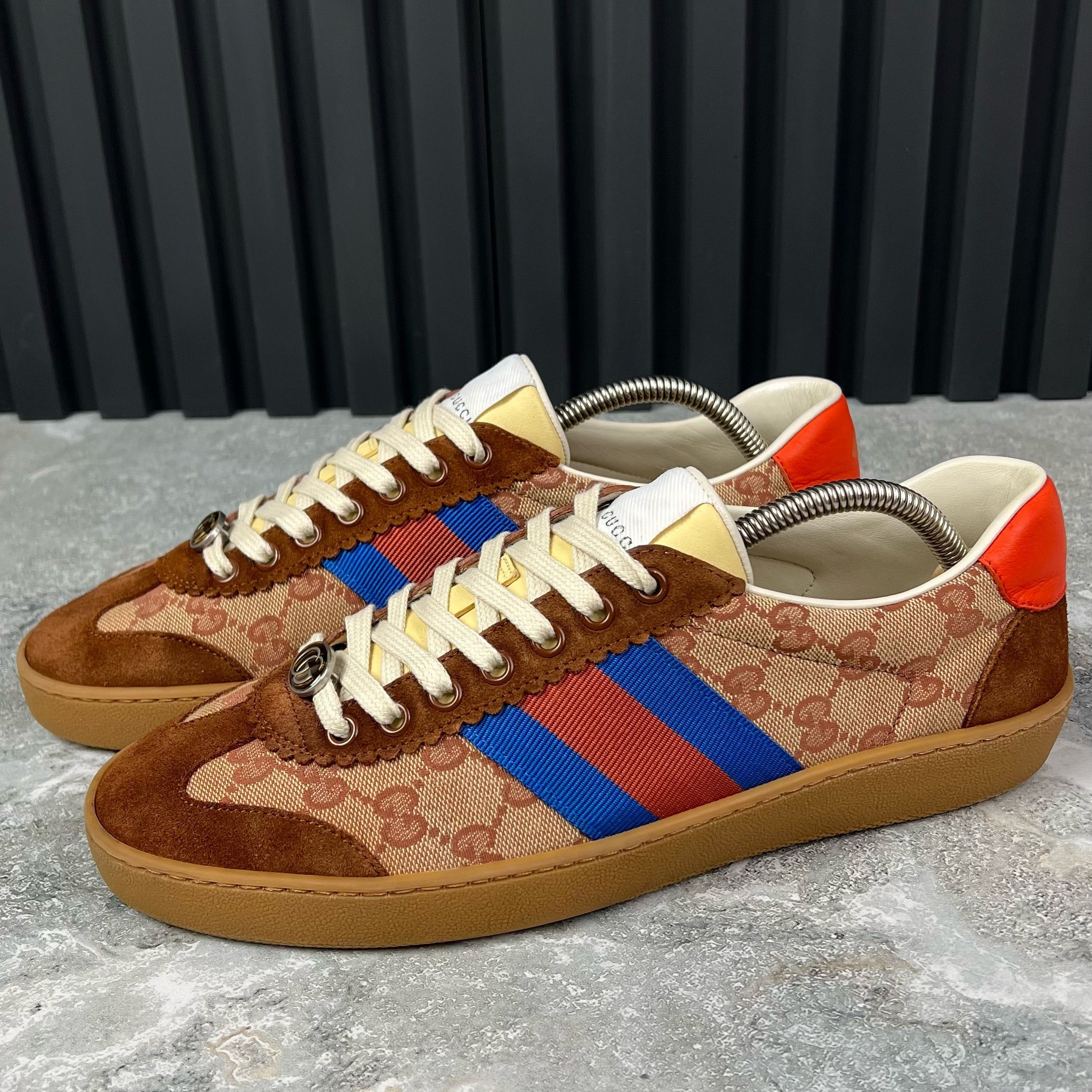 image of Gucci Web G74 GG Monogram Sneakers Canvas Brown Suede in Beige, Men's (Size 7.5)