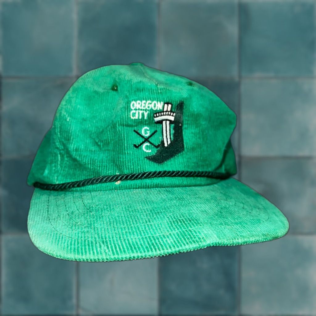 VINTAGE Oregon City Golf Course Hat Texace USA Green Corduroy Rope Cap 70s PDX