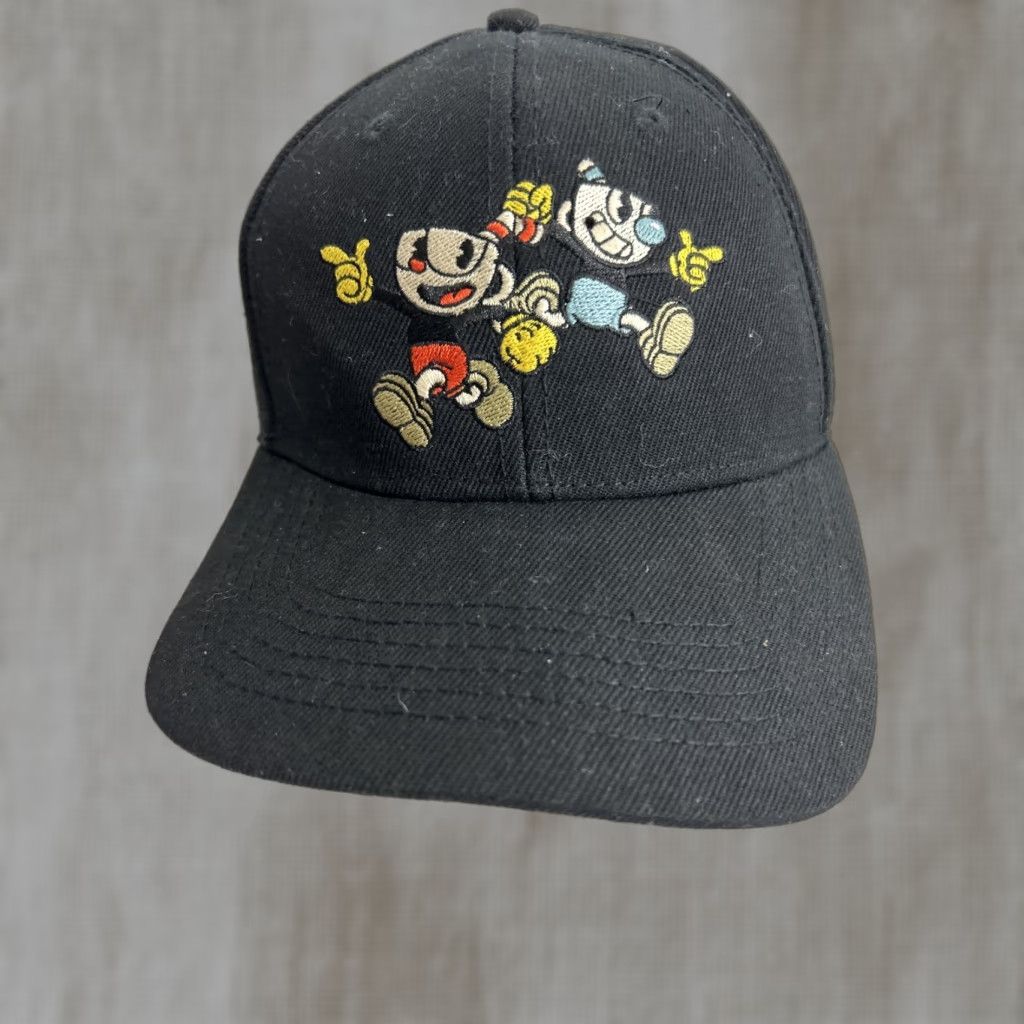 Vintage Cup head Baseball Hat Black Adjustable Hook And Loop Strap Hat Men Black Cuphead Logo Baseball Cap Loop One Size Adjusta ble Size ONE SIZE - 1 Thumbnail