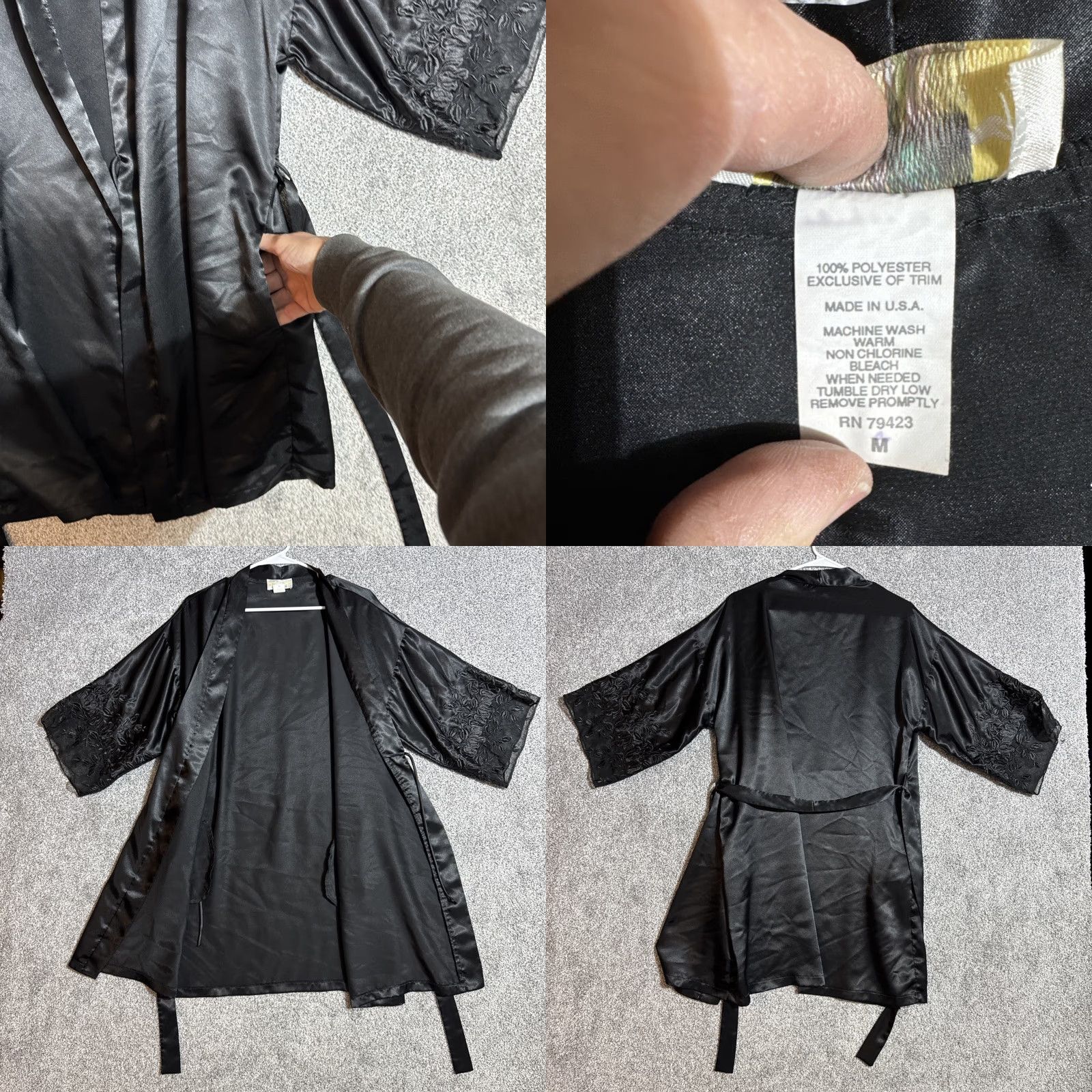 Vintage VINTAGE Dentelle Robe Kimono 80s Satin Black Embroidered Long Sleeve Belted USA Women Medium Size ONE SIZE - 8 Thumbnail