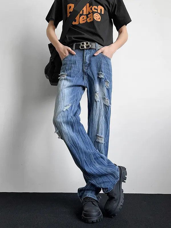 Japanese Brand Retro loose straight leg ripped jeans Size US 32 / EU 48 - 3 Thumbnail