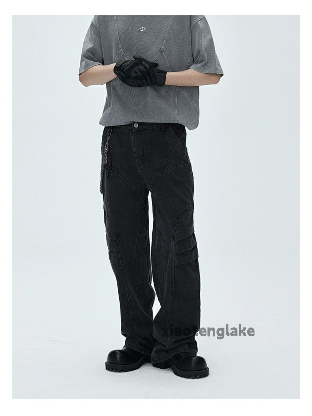 loose biker cargo patchwork washed faded jeans