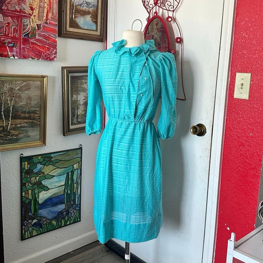 Handmade handmade blue turtleneck long sleeve vintage dress Size S / US 4 / IT 40 - 1 Thumbnail