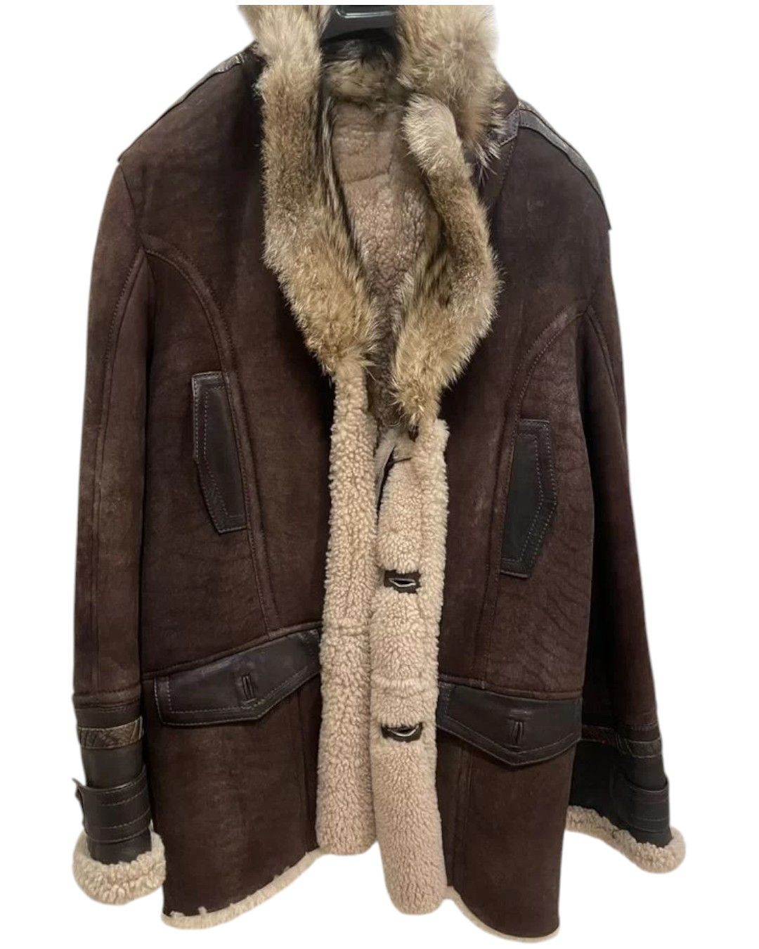 Roberto Cavalli SHEARLING SUEDE LEATHER HEAVY COAT WITH FOX FUR COLLAR Size US L / EU 52-54 / 3 - 1 Thumbnail