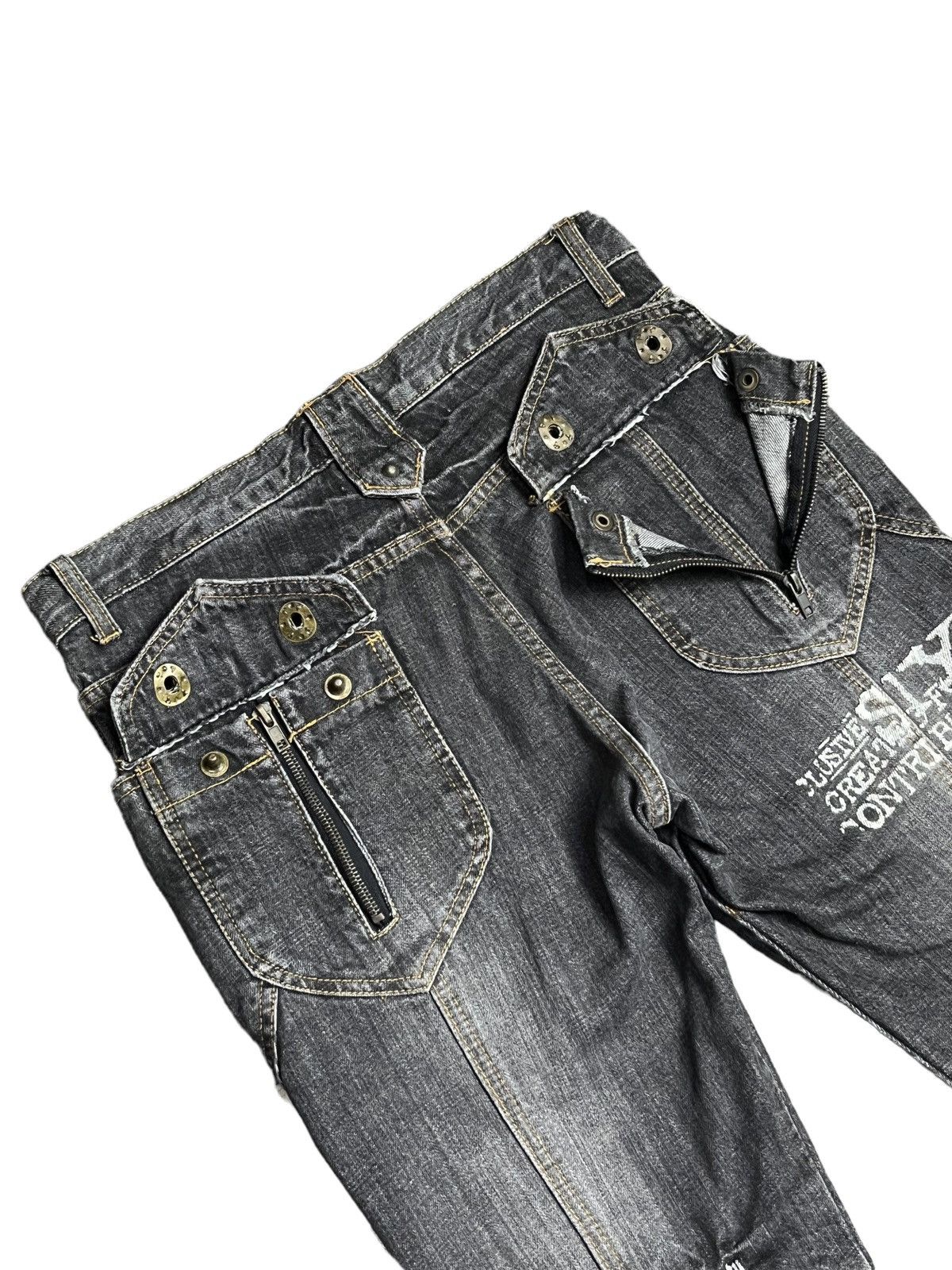 If Six Was Nine 🔥EVOLUTION Retro Punk Poems Multipocket Flare Denim Jeans Size US 31 - 15 Thumbnail
