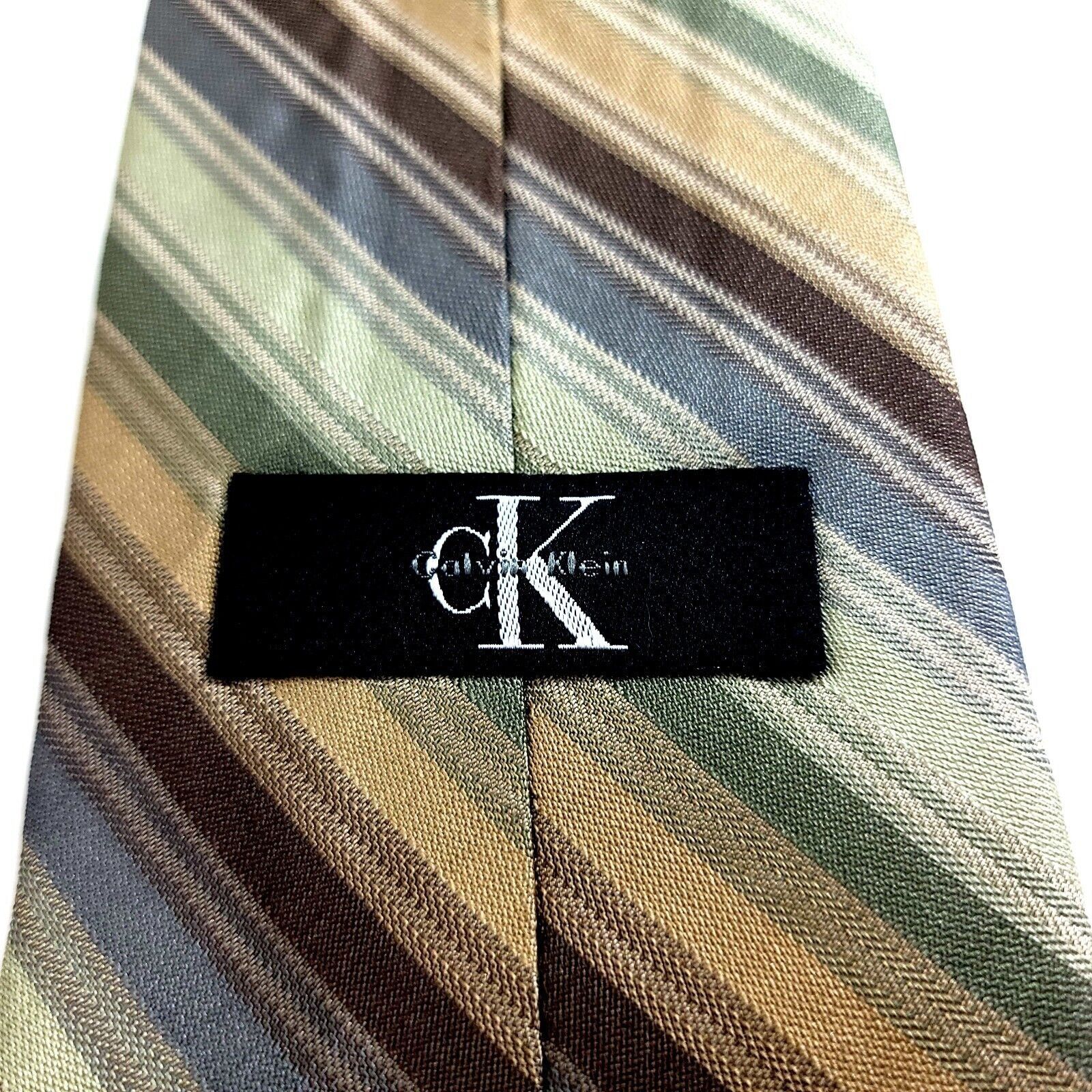 Calvin Klein Calvin Klein Green Tan Multi-Colored Woven Striped Silk Tie Size ONE SIZE - 3 Thumbnail