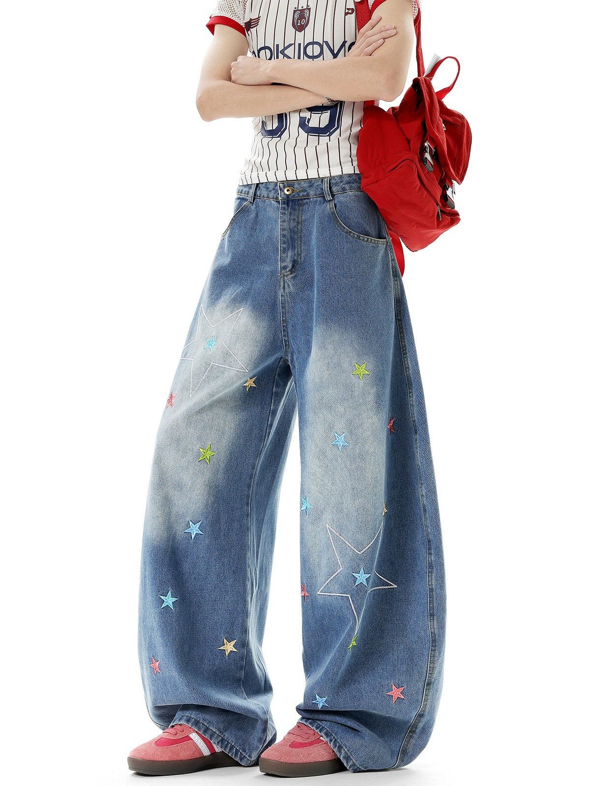 Japanese Brand Men's Star-Embroidered Wide-Leg Jeans Size US 32 / EU 48 - 4 Thumbnail