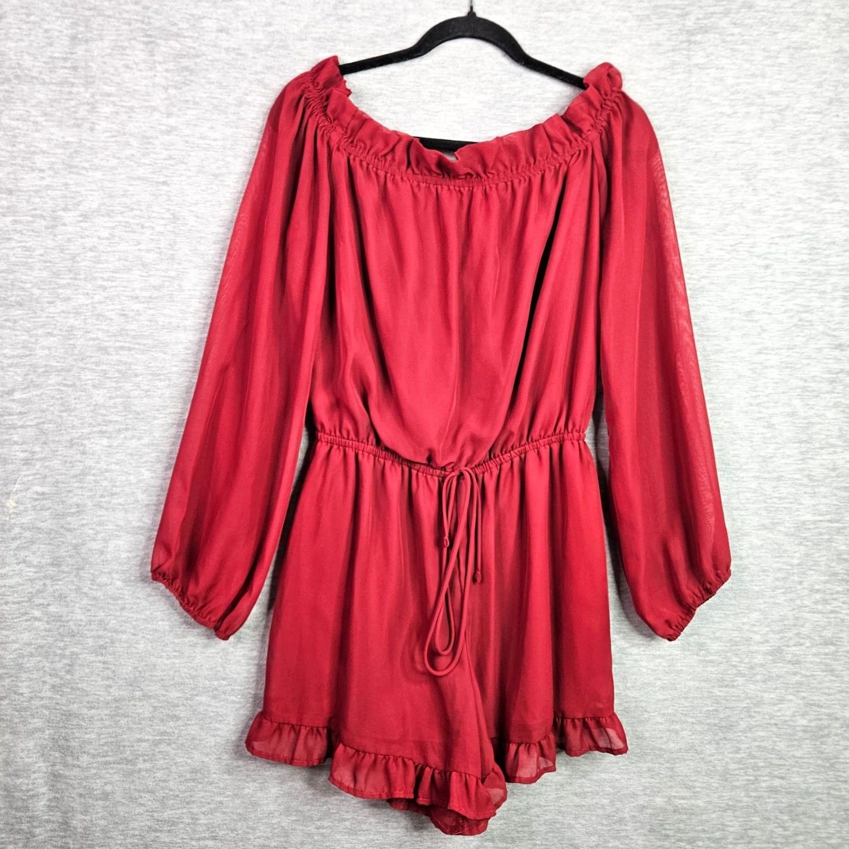 Lulus Lulus Red Ruffle Hem Off the Shoulder Long Sleeve Jumpsuit Women's XL Size XL / US 12-14 / IT 48-50 - 2 Thumbnail