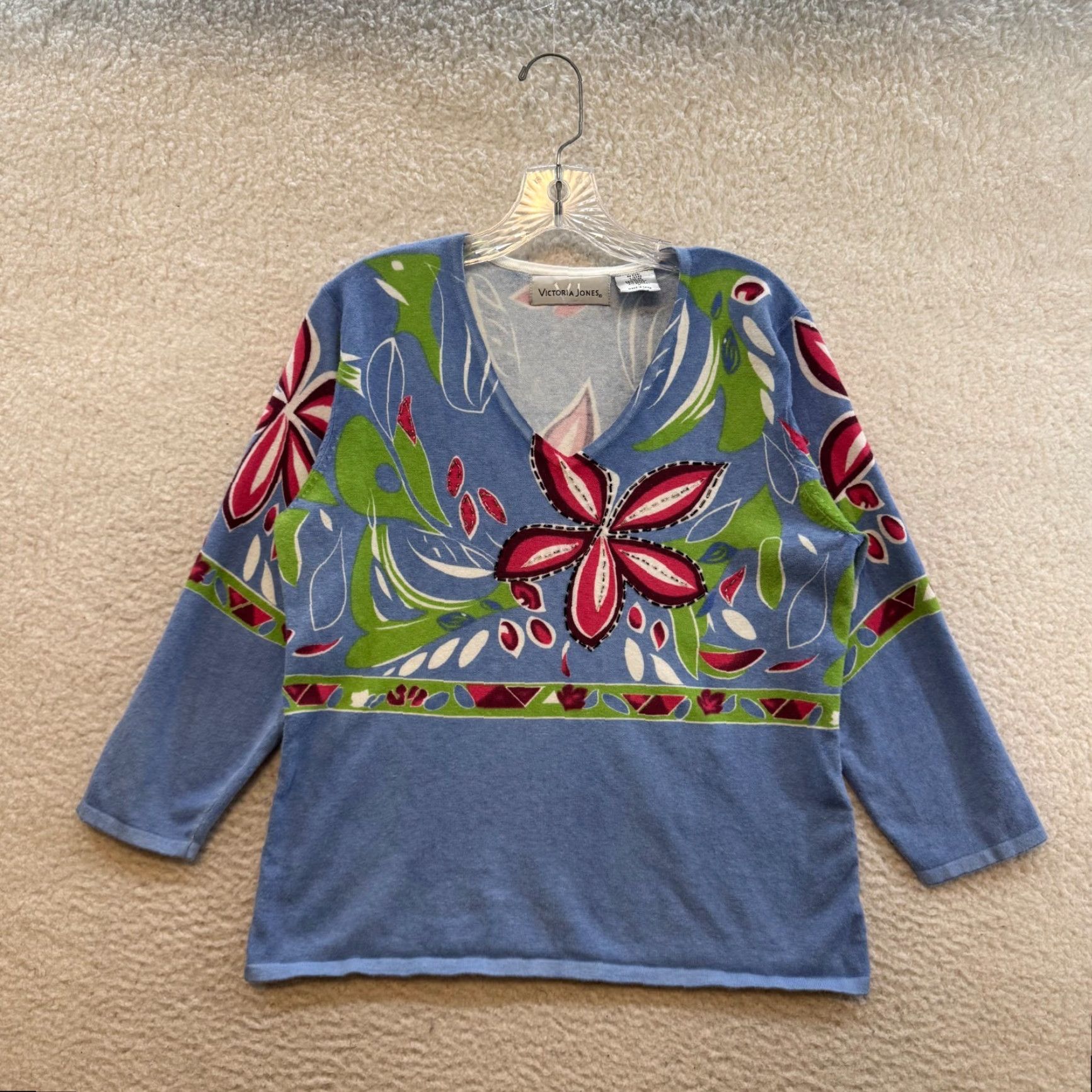 Vintage VINTAGE Top Shirt Beaded Blue Floral V-Neck 3/4 Sleeve Boho Grunge Women's M Size M / US 6-8 / IT 42-44 - 2 Thumbnail