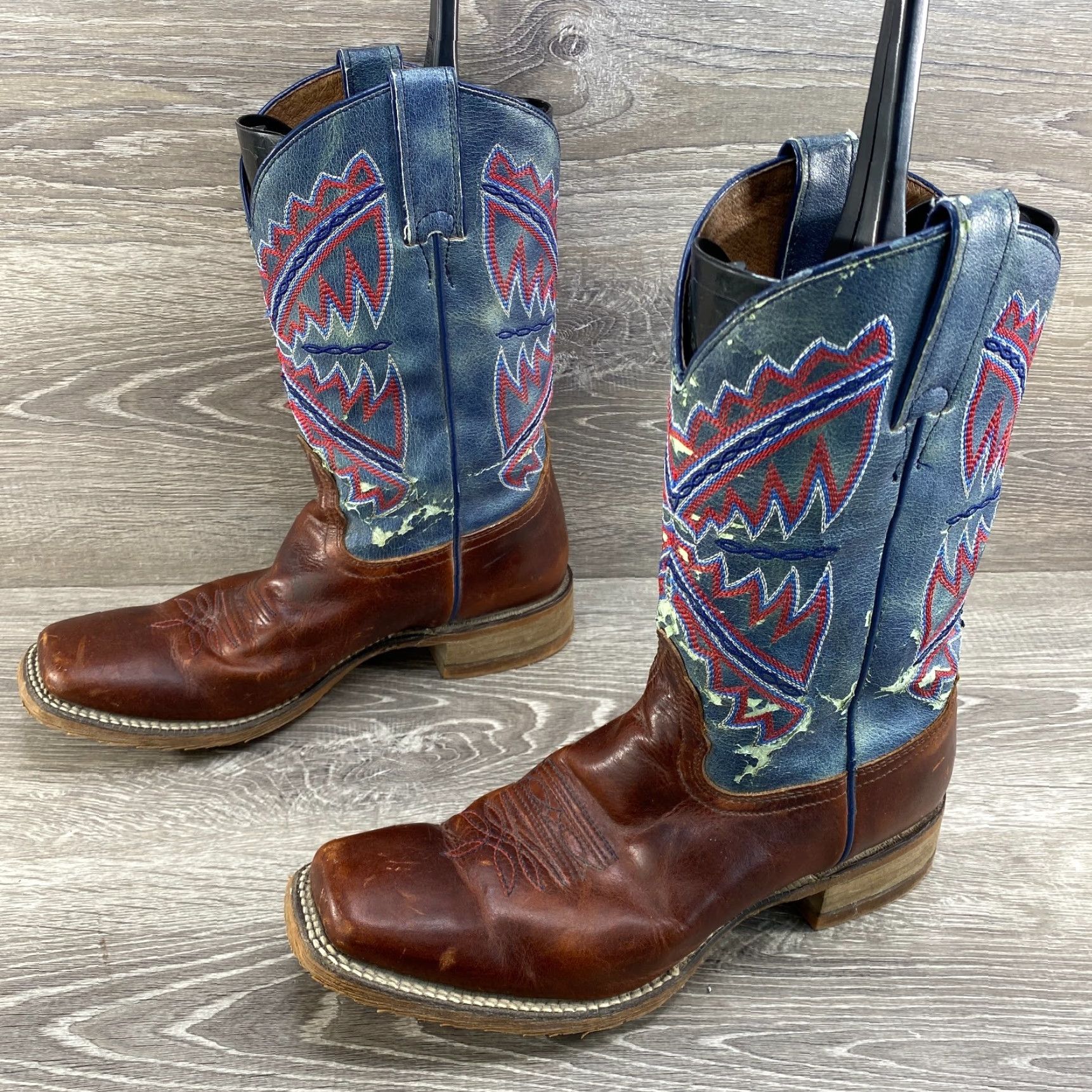 Vintage Nocona Womens 9 B Leather Brown Nadia Blue Hero Square Toe Cowboy Western Boots Size US 9 / IT 39 - 6 Thumbnail