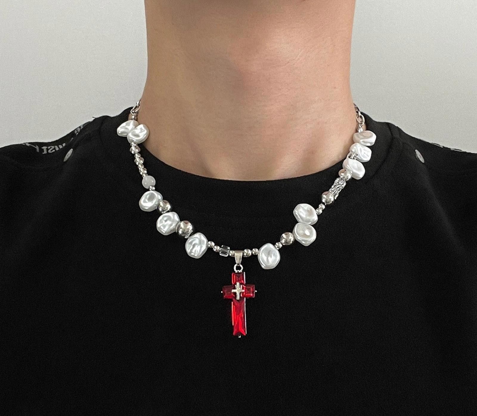Jewelry Red Cross Pearl Necklace Size ONE SIZE - 1 Thumbnail