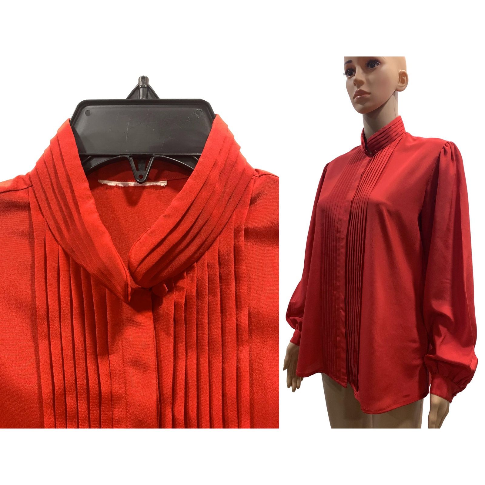 Vintage 70s Red High Collar Secretary Blouse with Pleats | M/L Size M / US 6-8 / IT 42-44 - 2 Thumbnail