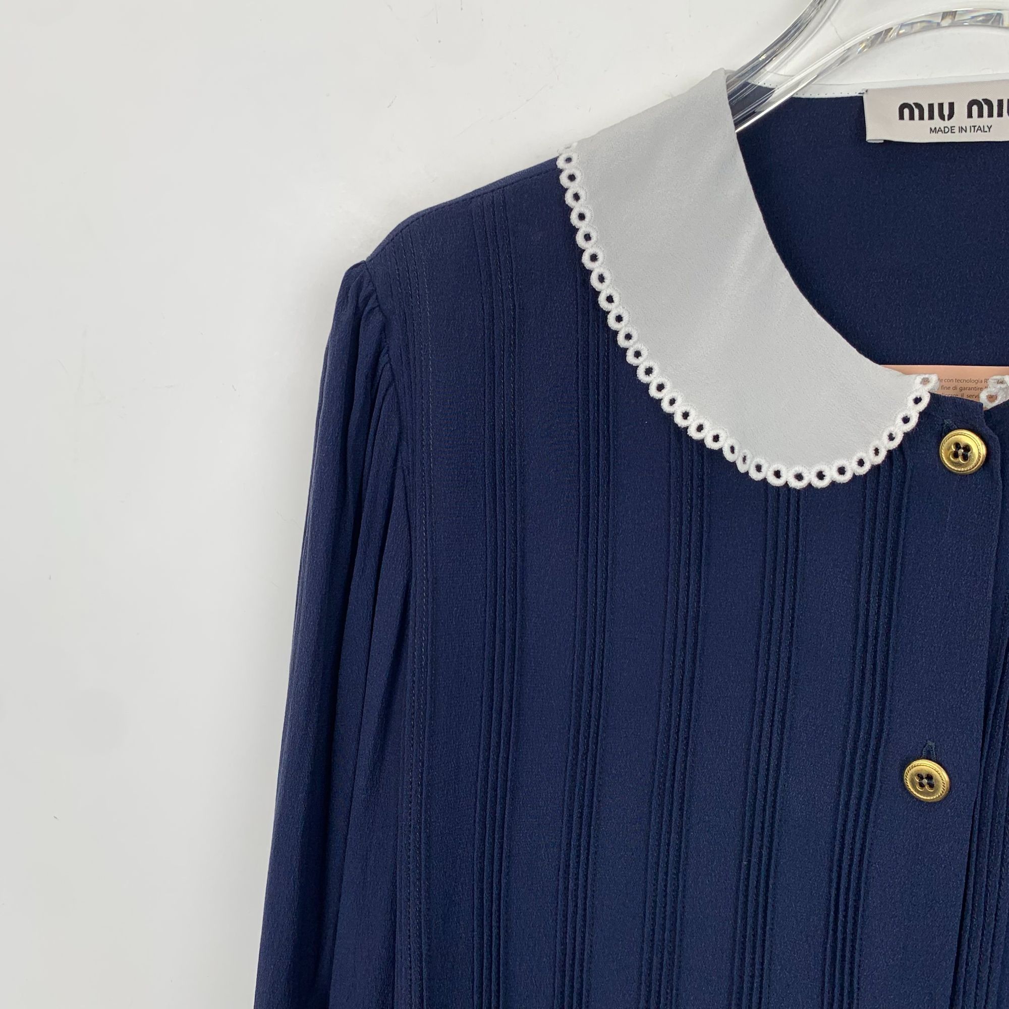 Miu Miu Miu Miu 2022 Navy Silk Peter Pan Collar Button-Up Shirt (Siz Size S / US 4 / IT 40 - 7 Thumbnail