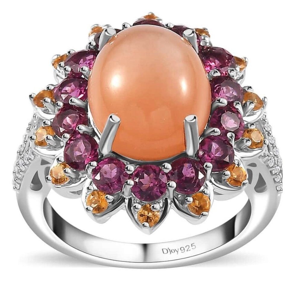 Peach moonstone rhodolite ring in sterling silver size 7