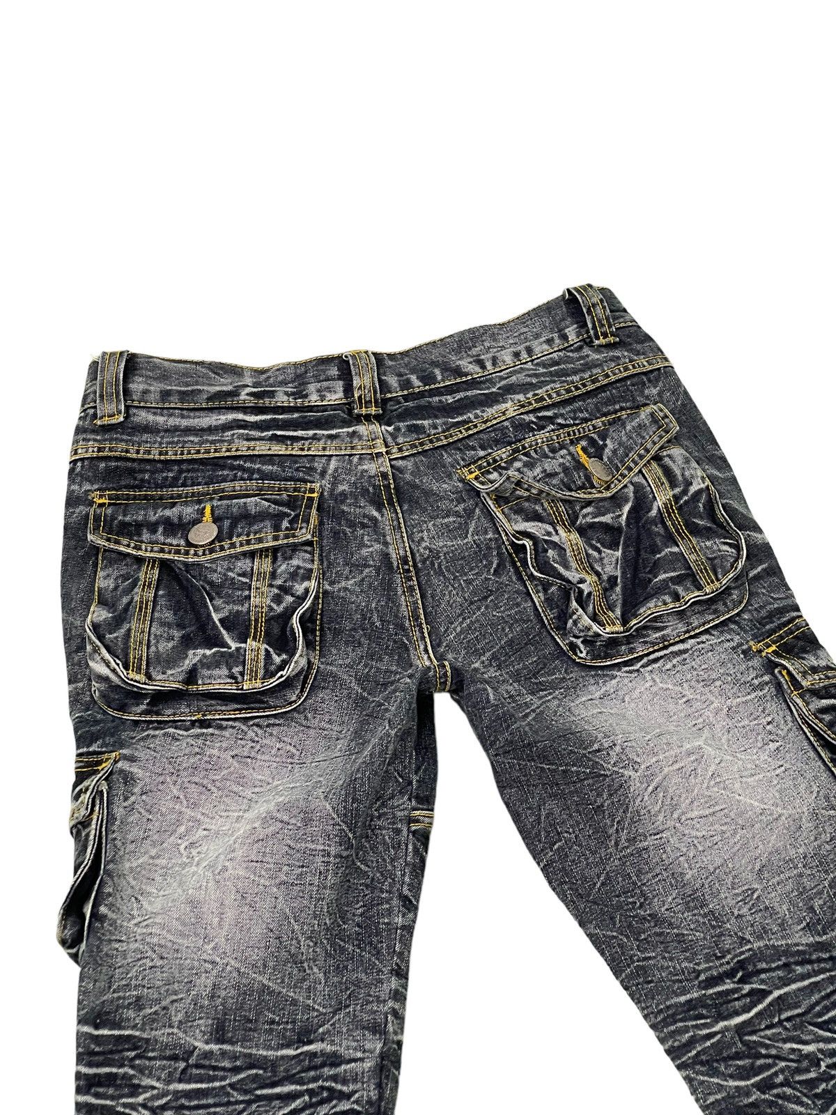 Japanese Brand Flare Jeans Cargo Low Box Crazy Faded Distress Boot Cut 6🟦2 Size US 29 - 20 Thumbnail
