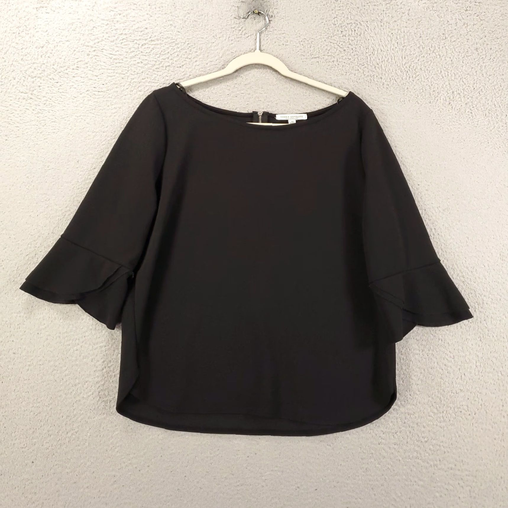 Vintage Green Envelope Blouse Women XL Black Boat Neck Zip Back Textured Pullover Size XL / US 12-14 / IT 48-50 - 2 Thumbnail