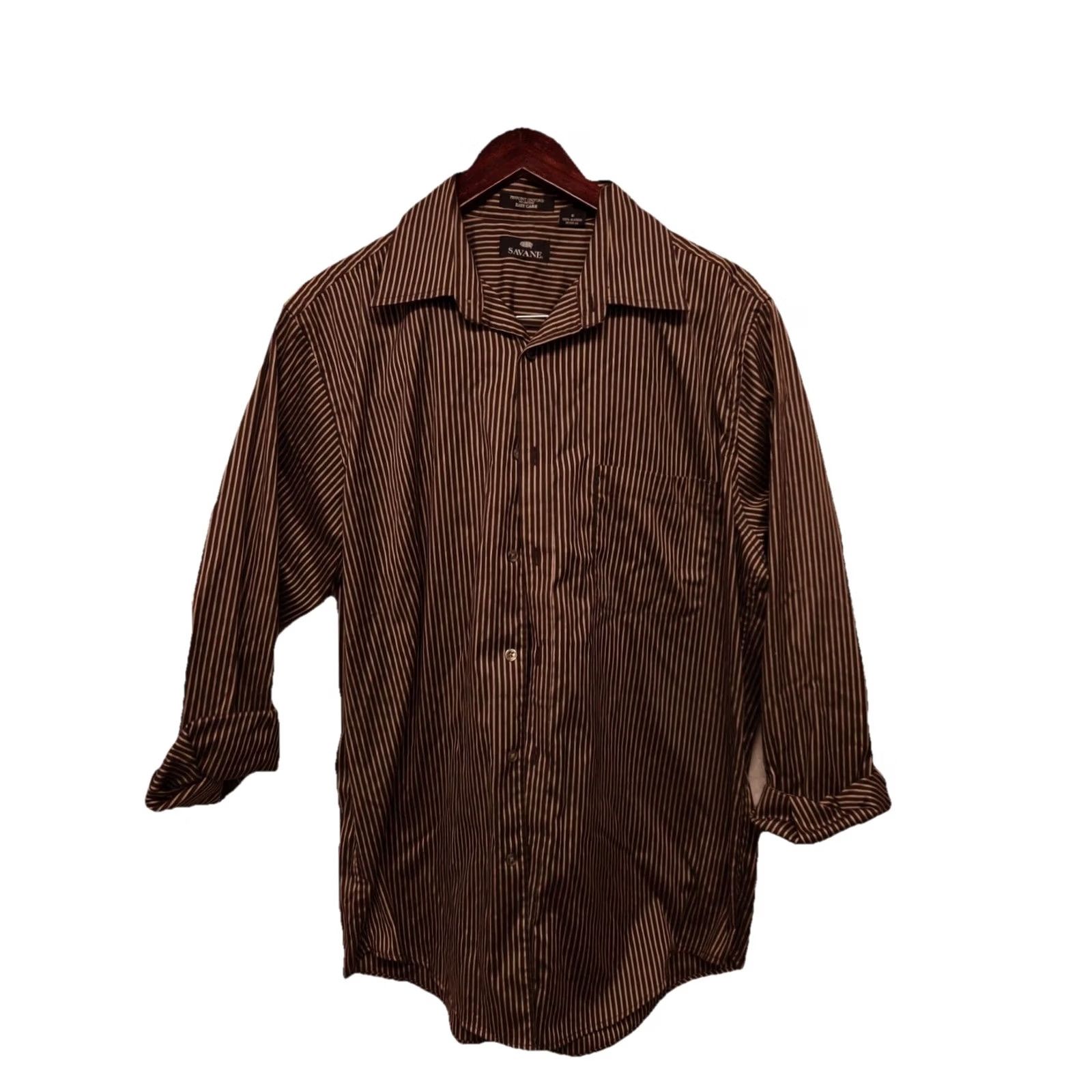 Savane Savane Pinpoint Oxford Shirt Men’s Large Brown Stripe 100% Cotton Easy Care Size US L / EU 52-54 / 3 - 2 Thumbnail