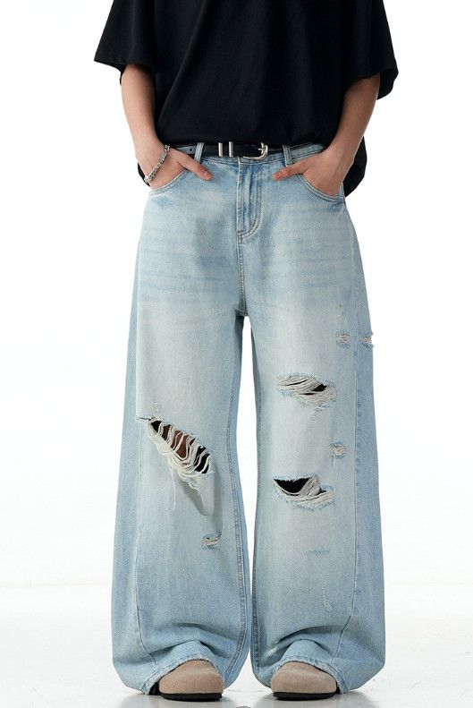 Jean American retro washed blue ripped straight jeans Size US 32 / EU 48 - 1 Thumbnail