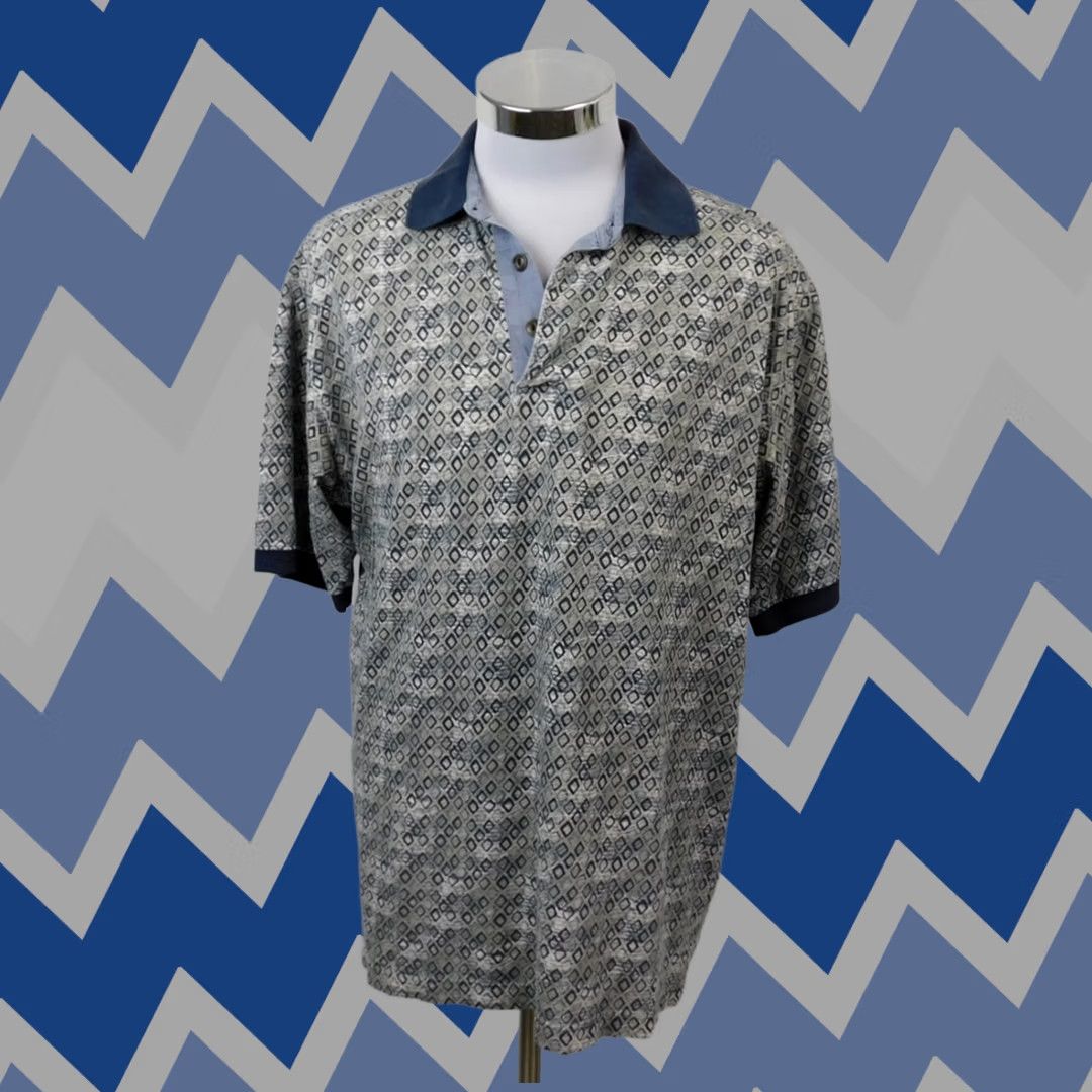 Vintage St. John's Bay Polo Shirt Adult Medium Beige-Navy Diamond Print Classic Preppy Golf Mens Size US M / EU 48-50 / 2 - 1 Thumbnail