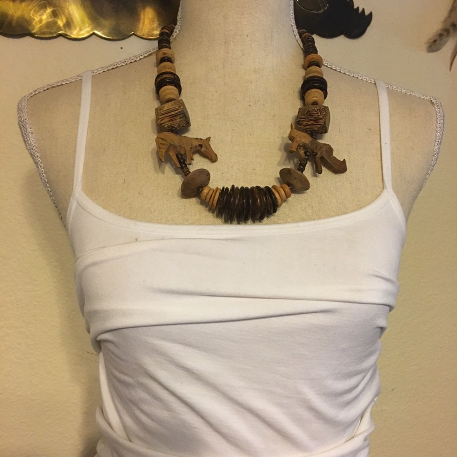 Handmade Vintage handmade carved wood bead necklace Size ONE SIZE - 3 Thumbnail