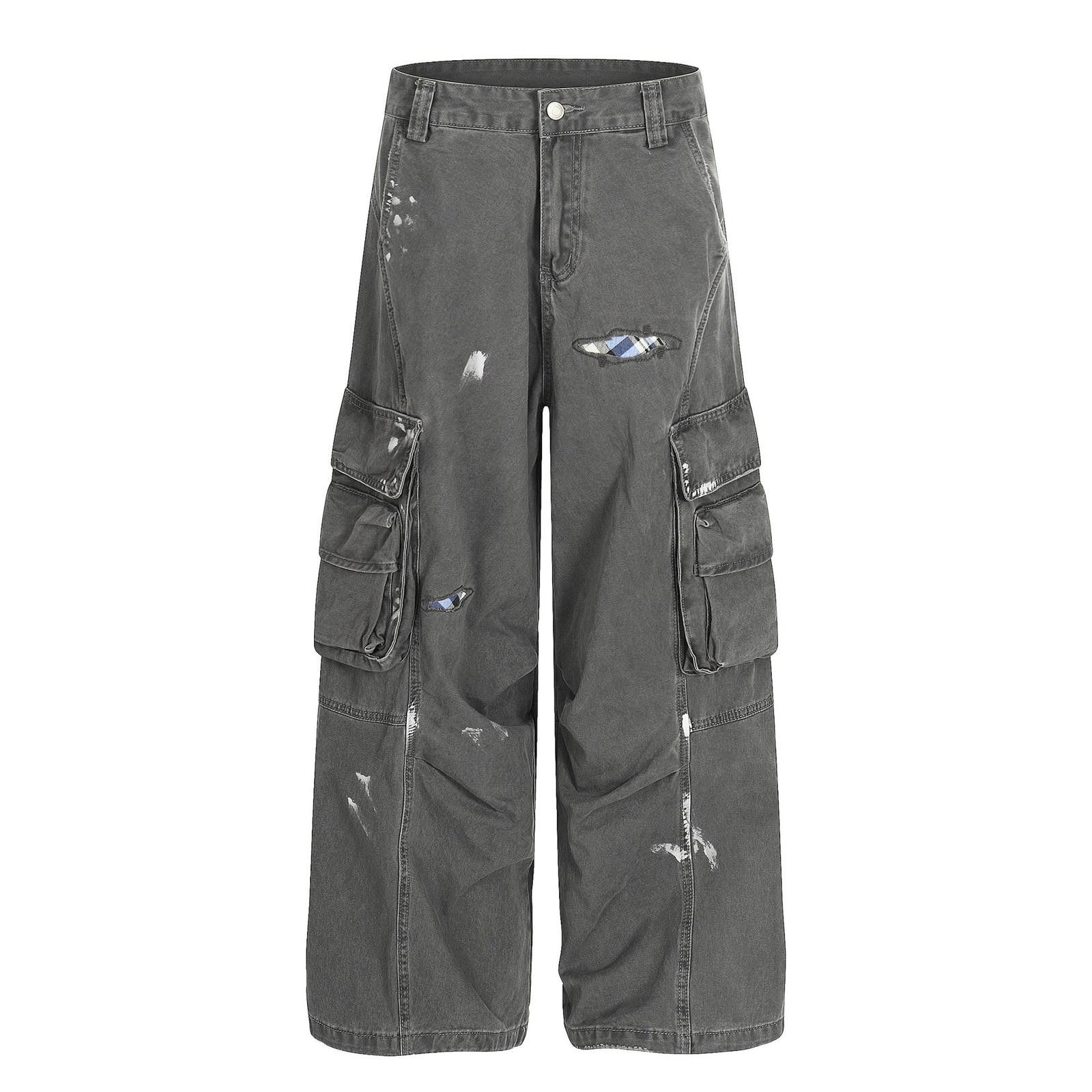 Japanese Brand Gray Distressed Wide Leg Cargo Jeans, Relaxed Fit Pants Size US 32 / EU 48 - 1 Thumbnail