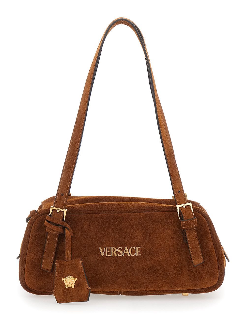 Versace Shoulder Bag 'Tag Bowling' with Metallic Lettering Logo and Medusa Head Pendant in Brown Suede for Women Size ONE SIZE - 1 Thumbnail