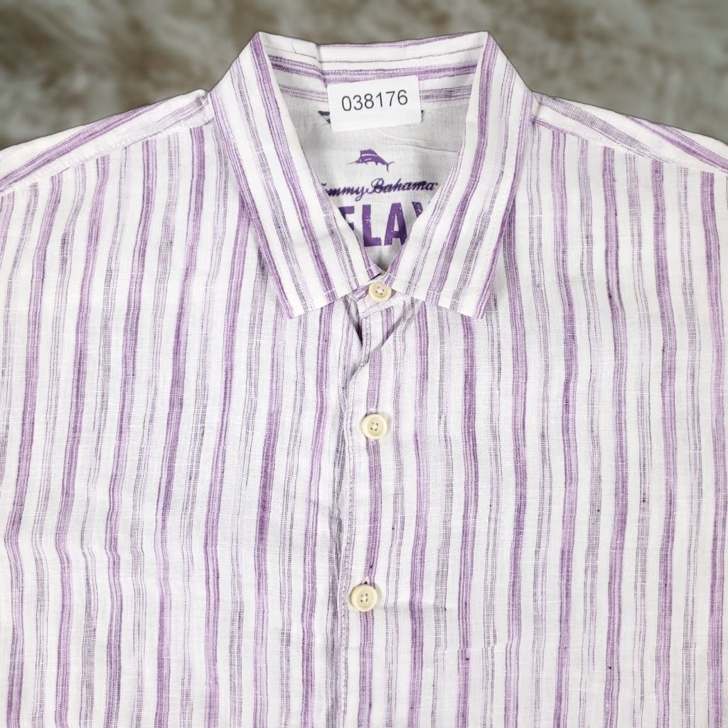 Tommy Bahama Button-Up Shirt Mens Large Purple Striped Linen Short Sleeve Modern Tropical