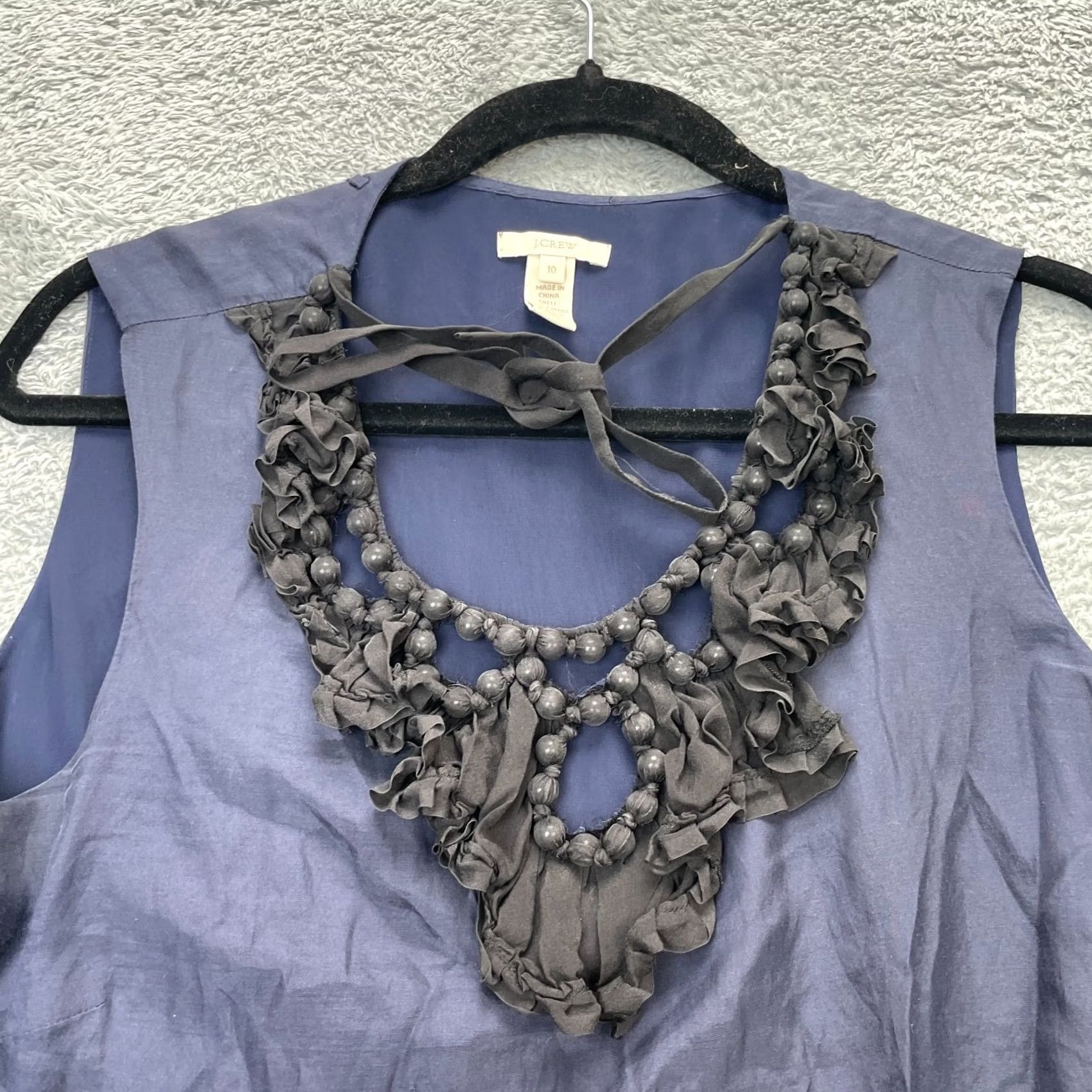 J.Crew J.CREW Blouse Womens 10 Blue Cotton Silk Sleeveless Beaded Ruffle Neck Side Zip Shirt Bodice Casual Party/Cocktail Girls Womens Size L / US 10 / IT 46 - 4 Thumbnail